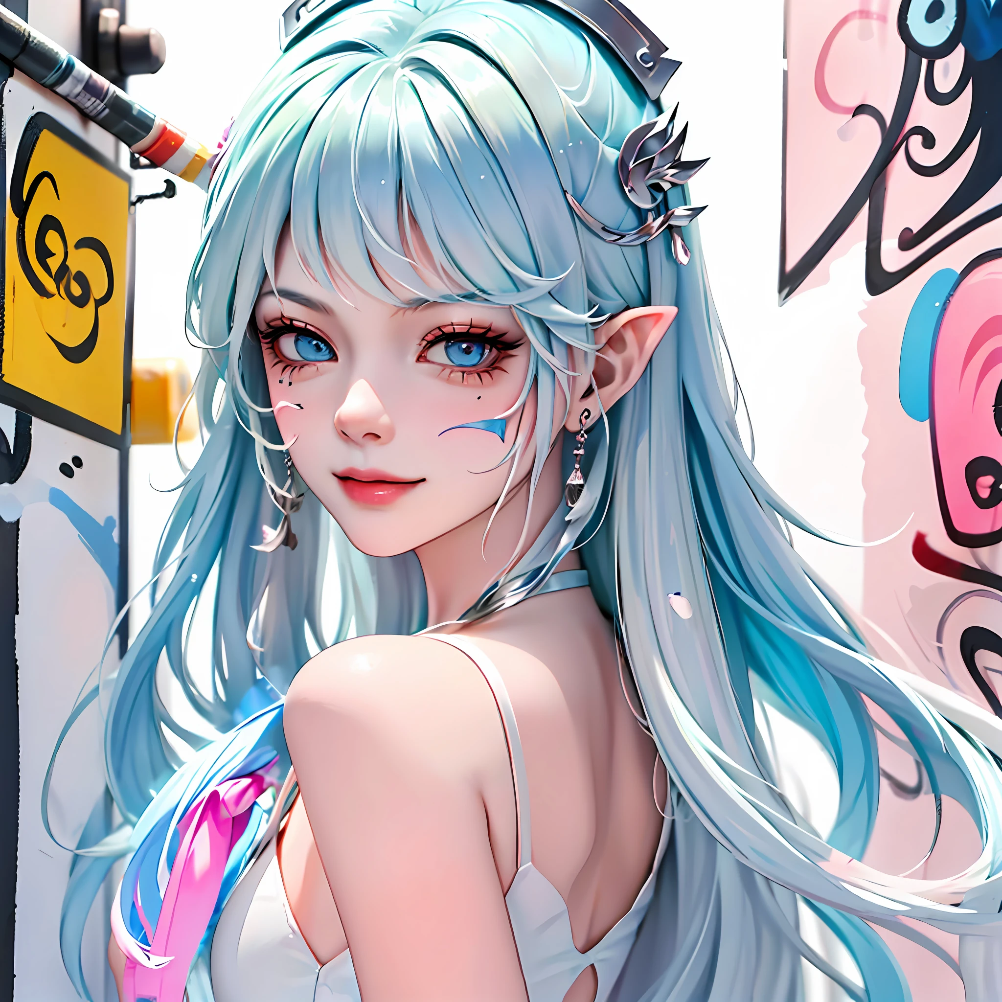Anime girl with blue hair and blue eyes standing in front of a wall ...