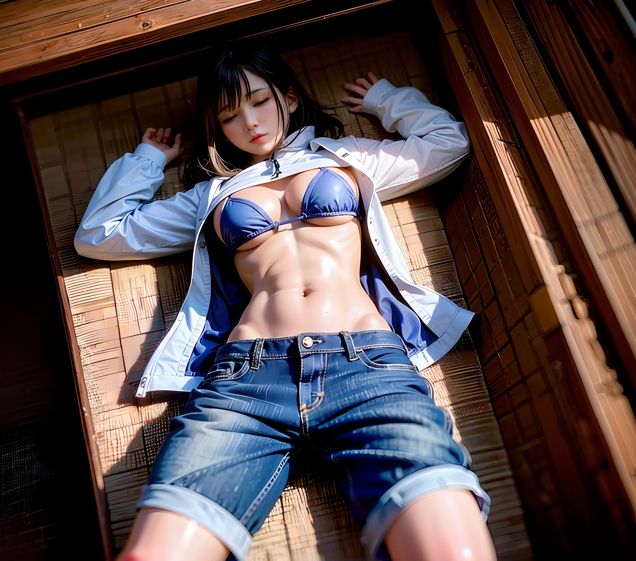 8K、Raw photography、top-quality、masterpiece:1.2)、(realisitic、Photorealsitic:1.37)、top-quality、超A high resolution、light leaks、Dynamic lighting、(Peaceful sleeping face:1.3、Looking up at the ceiling:1.4、chin pointed straight up:1.6、Eyes closed:1.9、lying on your back on the beach:1.3、limp:1.2、Large Character Pose:1.1)、Slim and smooth skin、(pureerosface_v1:1)、Kpop Idol、(Beautiful Detail Face:1)、outside of house、ulzzang-6500、1girl in、full body Esbian、from the front side、front-facing view、(Round face:1.2)、(Round chin:1.2)、tiny chest、(Bikini swimwear、Jeans Jacket、Jeans shorts)、(Fashion Hairstyles:1.3)、Daylight、softness, fair and translucent skin、Daylight、电影灯光、Sporty physique、softness, fair and translucent skin、(pom-poms)Navel:1.1