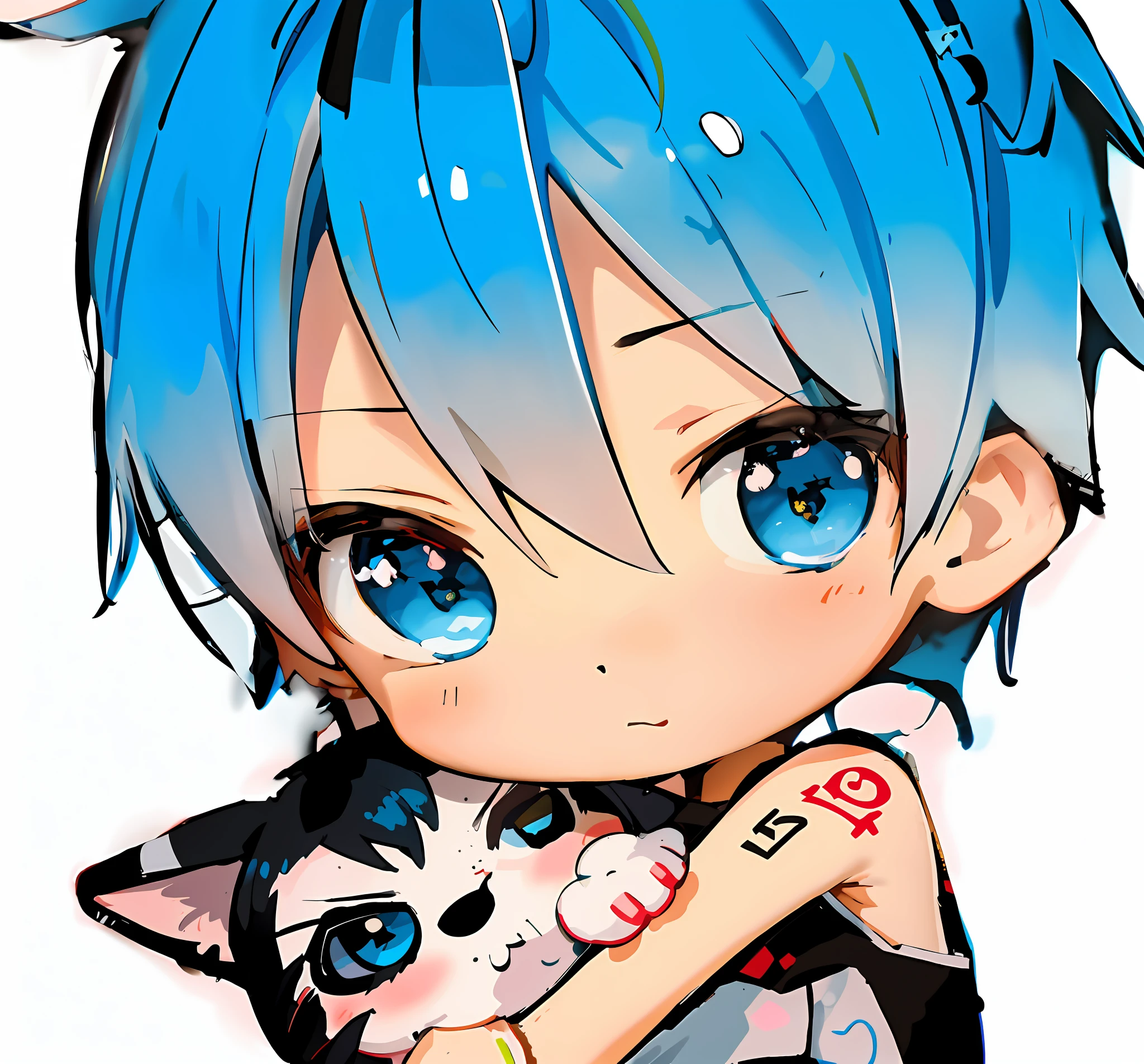 anime character with blue hair holding a cat with a sad look, 2 d anime style, 2 d anime, anime girl with cat ears, anime chibi, anime boy, emo boy with cat ears and tail, mikudayo, pixiv, cute anime, cute anime catgirl, chibi anime, cute anime face, top rated on pixiv --auto