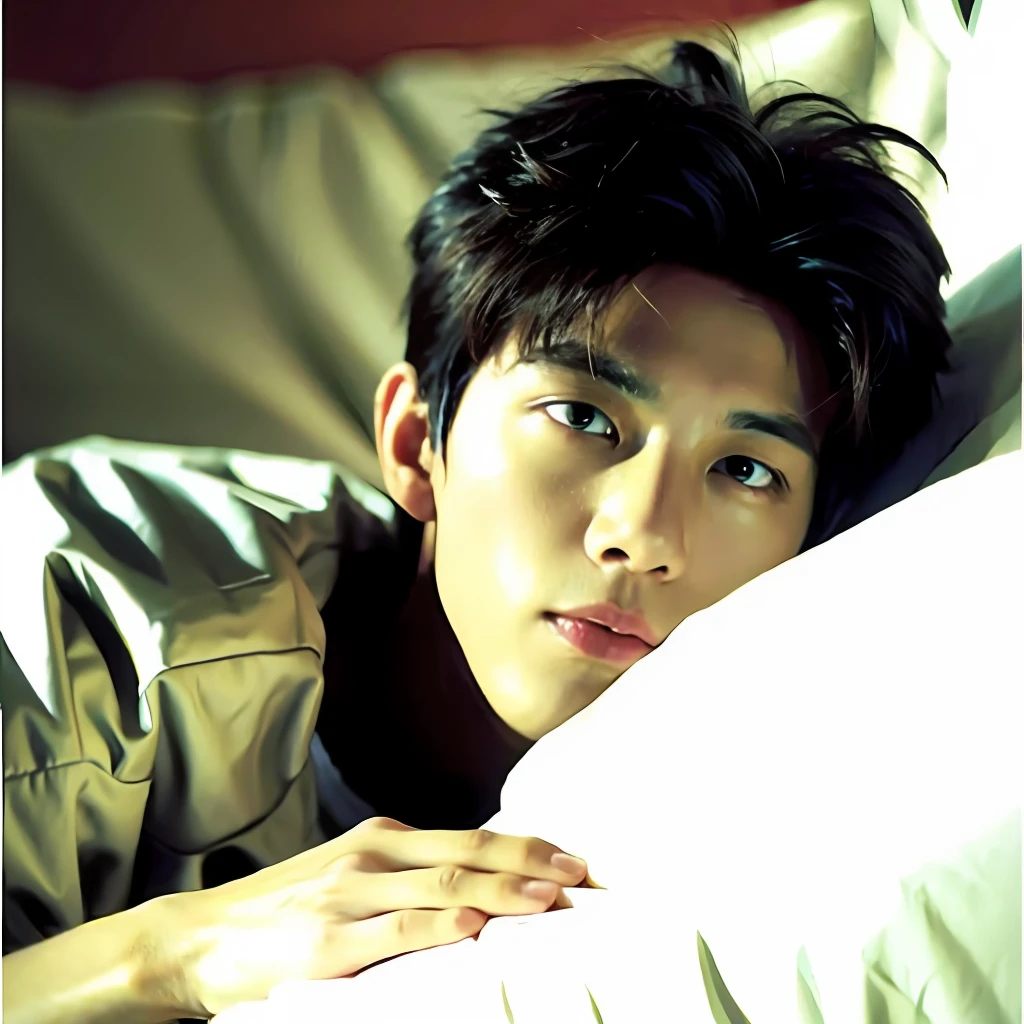 best qualtiy,(realisticlying:1.4), tmasterpiece, Kodak Portra 400, white bed sheet,Lie flat on the bed,(Face focus:1.3),1boys ,white skinned,Show muscles, posing on a, looking at viewert , sface focus