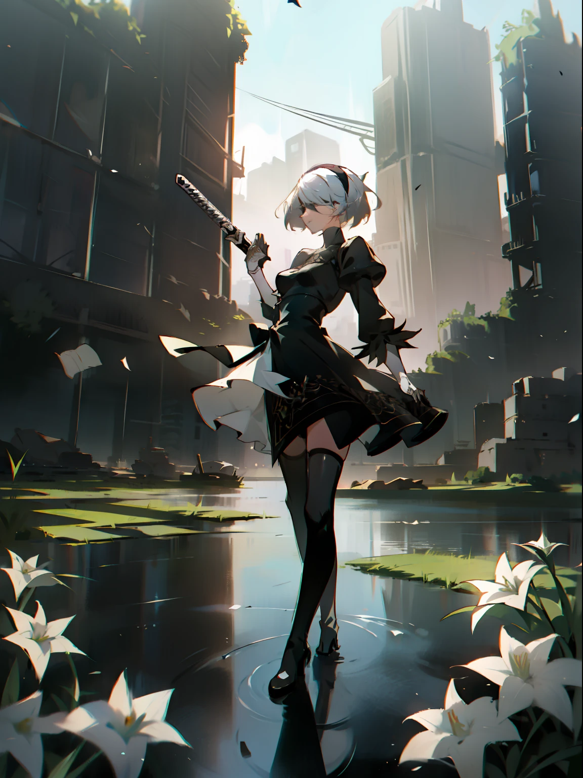 masterpiece, best quality, detailed face, extremely detailed, yorha no. 2 type b, 1girl, solo, absurdres, 8k, White hair, silver hair, black blindfold, black dress, black hairband, blindfold, eye highlights blue sky, boots, building, city, cloud, covered eyes, debris, dress, feather-trimmed sleeves, feather trim, gloves, grass, hairband, high heel boots, high heels, highres, juliet sleeves, katana, leather, leather boots, long sleeves, nier \(series\), nier automata, outdoors, overgrown, pod \(nier automata\), post-apocalypse, puddle, puffy sleeves, rubble, ruins, scenery, sky, thigh boots, thighhighs, thighhighs under boots, water, Leaves dancing in the wind, White flowers, white lilies, Light is dancing in the air,