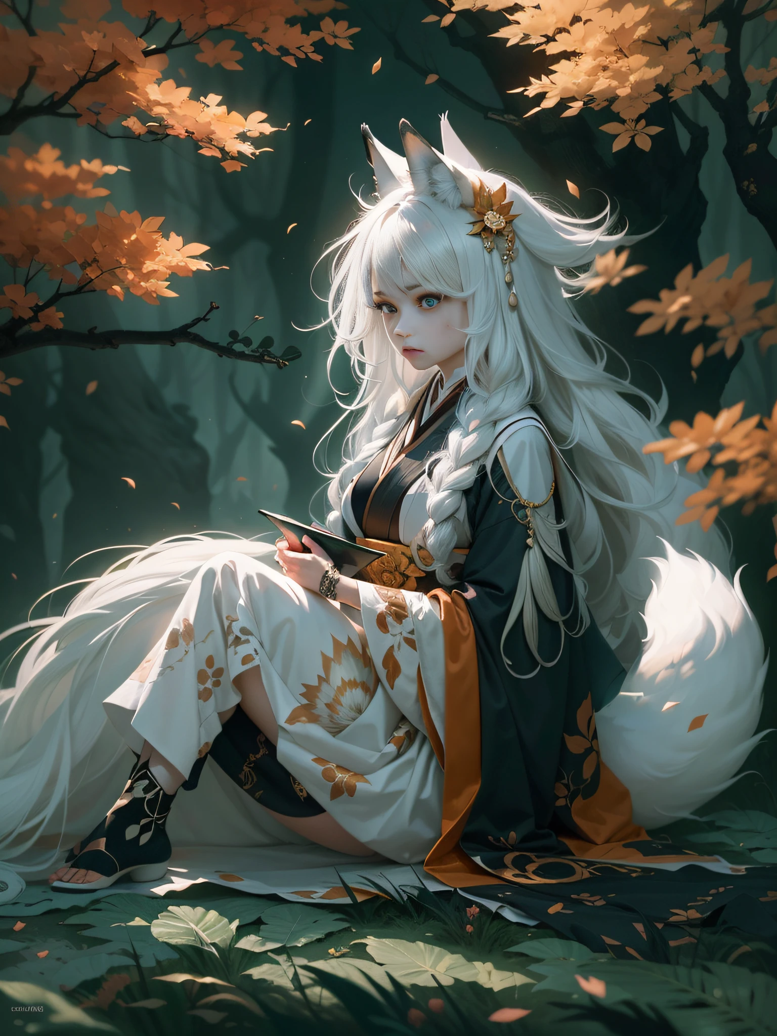Drawing of a fox with white hair sitting on a branch, ethereal fox, nine-tailed fox, fox three-tailed fox, onmyoji detailed art, nine-tailed, beautiful artwork illustration, mythological creature, fox, beautiful Digital artwork, exquisite digital illustrations, mizutsune, inspired by mythical creatures Wildnet, digital art on pixiv, strong light, high contrast, horror movie theme, dark atmosphere