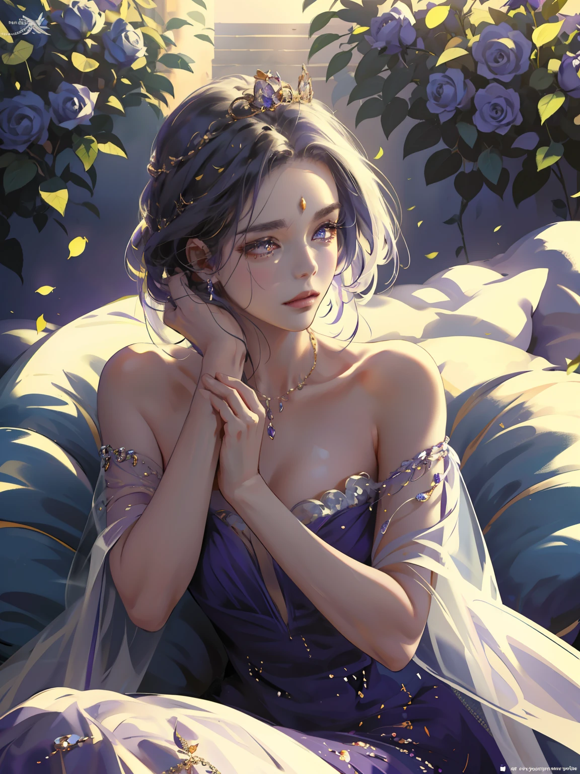 Complicated details,(Perfect shiny skin:1.2),(very vey very detailed face),(tmasterpiece,realisticlying:1.3),(extremly intricate:1.2)>,Complicated details,Noble and elegant woman。She wore a gorgeous purple dress,On his head he wears a crown encrusted with precious stones。She raised her head slightly,Gaze ahead。Her eyes were deep and bright,Exudes tenderness and confidence,Natural light,The wind blows hair strands and dresses,There are roses around