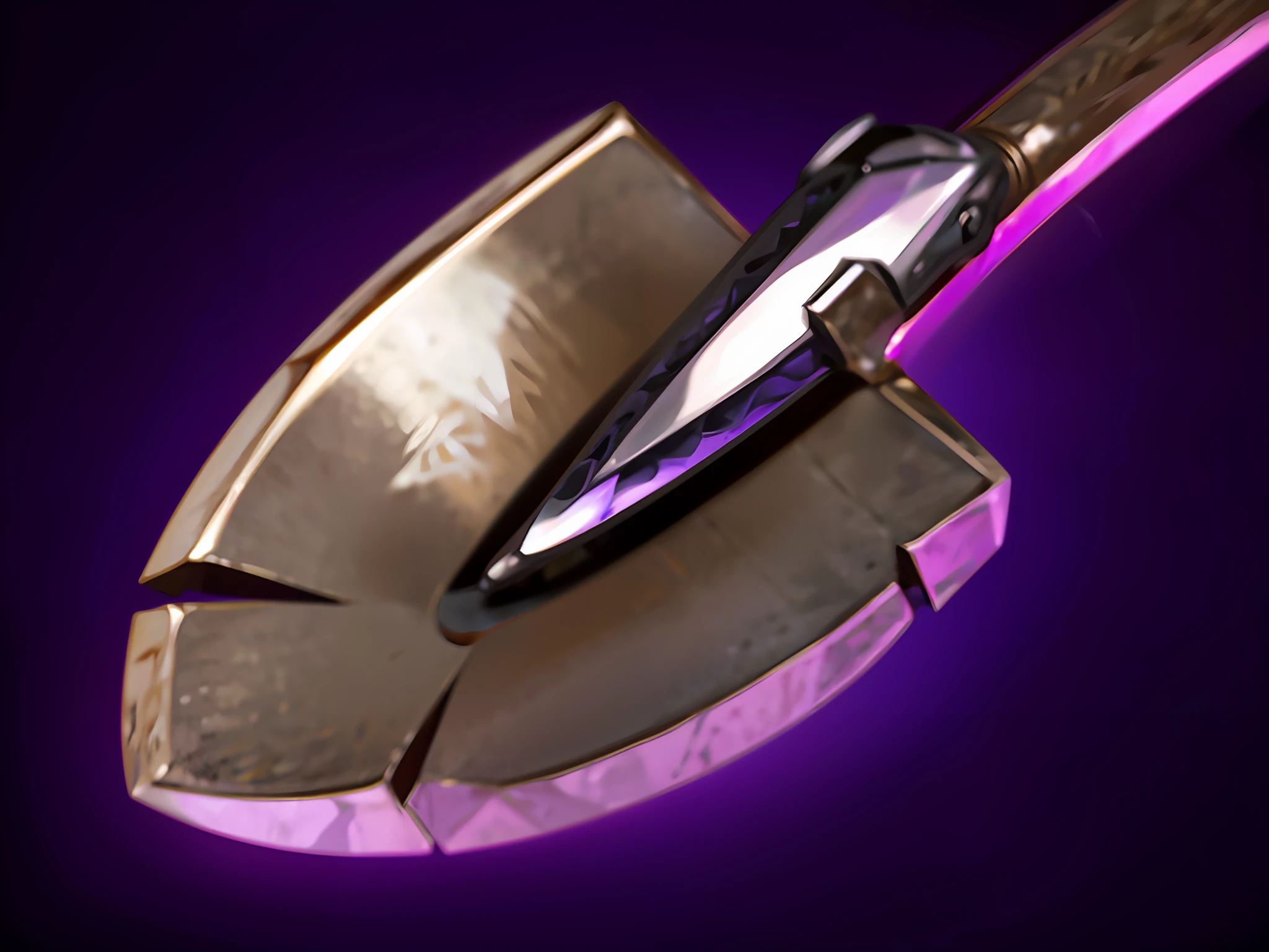 There is a close-up of a lilac shovel, medievil spear, artifact dota2, Rod arm sword, The sword, POLEARM, league of legends inventory item, 3 d icon for mobile game, picareta, Fantasy Scythe, purple glowing core in armor, raytraced blade, intricate fantasy spear, item art