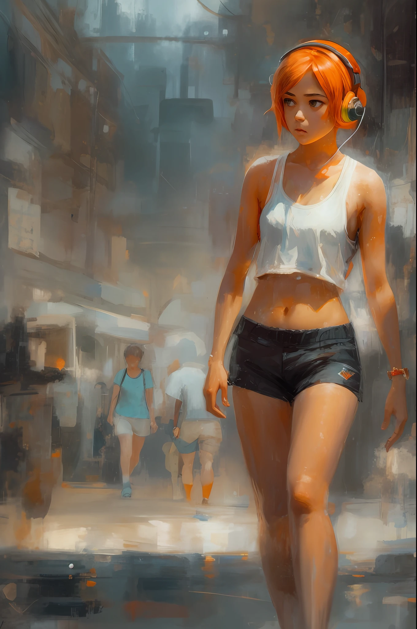 (young girl, isabelmoner-smf, dora), (hyper-realistic), very short orange hair, green eyes, freckles, white tank top, mini shorts, sport, sweaty, middle breasts, headphones, aesthetics, cinematic, ambient light, sampler: dpm++ 2m karras,svg smoothing, (oil painting:0.75), (splash art:0.75),(teal:0.2),(orange:0.2), (by Jeremy Mann:0.5), (by John Constable:0.1),(by El Greco:0.5),(acrylic paint:0.75), 8k