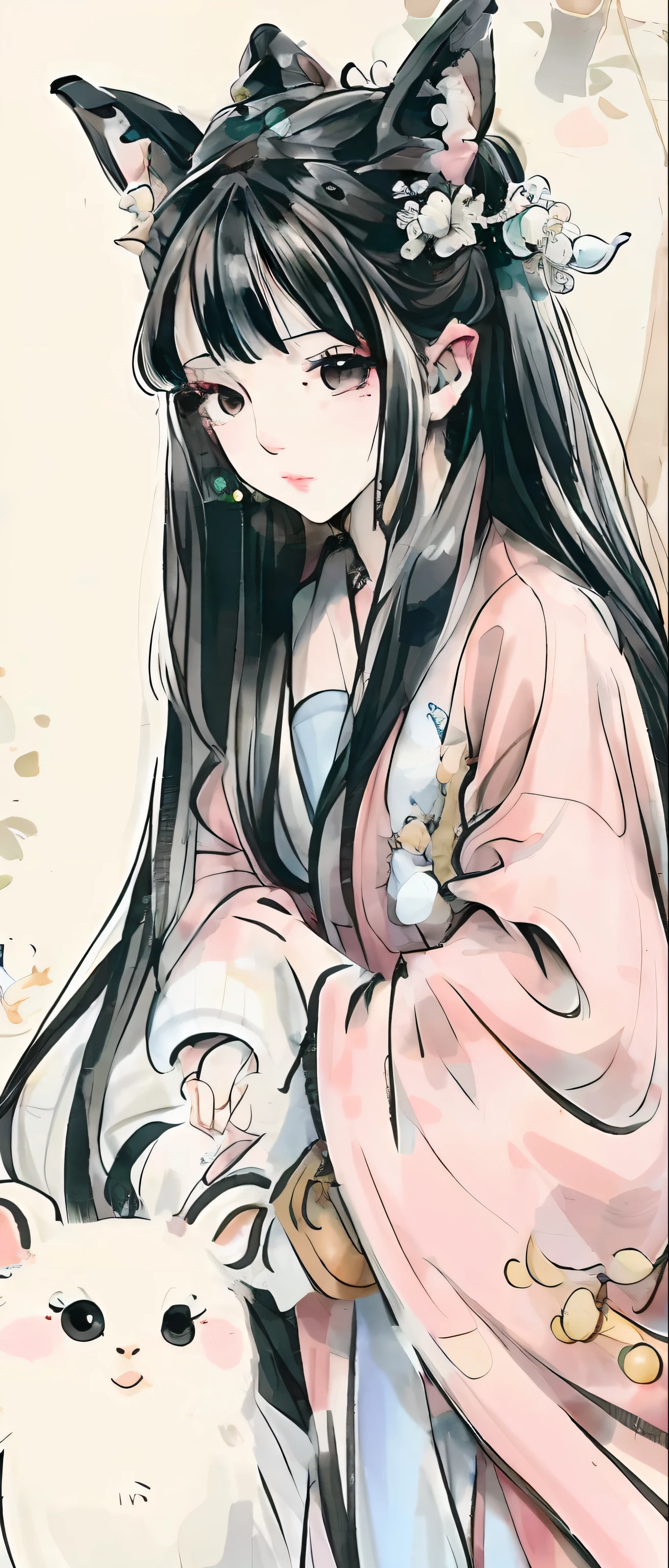 ((4k,masterpiece,best quality)), shuimobysim, Traditional chinese painting, lotuses, Hanfu, maxiskit, dress conservatively 1 girl, 独奏, whaite hair, long whitr hair, fox ear, white colors, 比基尼, The fish, Many fish are close to the girl, looking at viewert, Titillating、