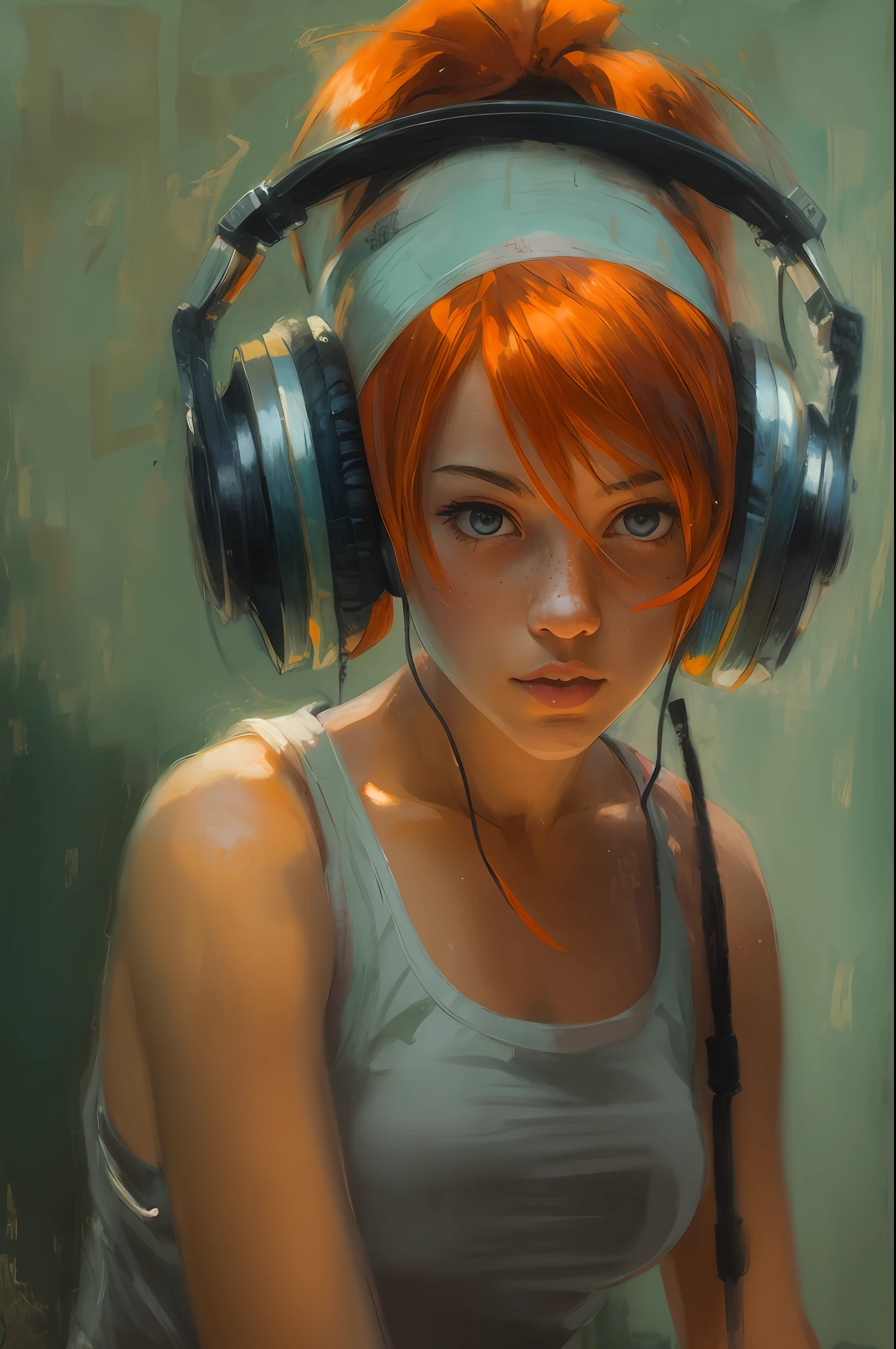 (young girl, isabelmoner-smf, dora), (hyper-realistic), very short orange hair, green eyes, freckles, white tank top, mini shorts, sport, sweaty, middle breasts, headphones, aesthetics, cinematic, ambient light, sampler: dpm++ 2m karras,svg smoothing, (oil painting:0.75), (splash art:0.75),(teal:0.2),(orange:0.2), (by Jeremy Mann:0.5), (by John Constable:0.1),(by El Greco:0.5),(acrylic paint:0.75), 8k