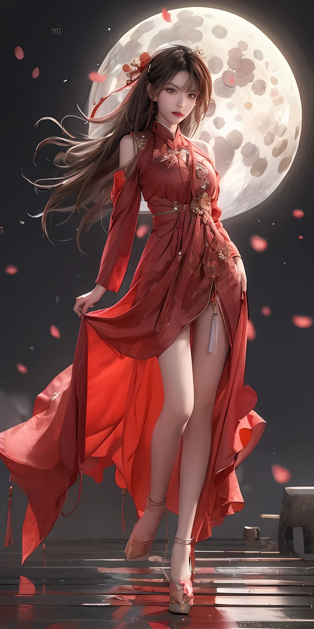 a woman in a red dress is walking on a dock, by Leng Mei, by Yang J, beautiful digital artwork, by Chen Lin, ross tran style, by Li Song, grayscale phtoto with red dress, by Qu Leilei, ross tran 8 k, by Zhou Fang, beautiful digital illustration, by Ni Tian, by Hua Yan, by Ye Xin