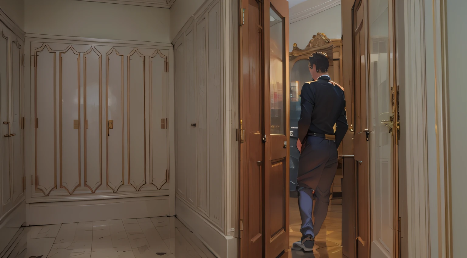 A man with his back to the camera,Run out of the room