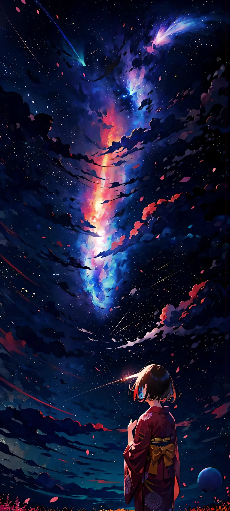 1girl, distant girl wearing a kimono staring at the stars, (zoomed out:1.1), (meteor shower:1.2), (comet:1.1), your name, low angle, from behind, aroura borealis, shooting star, yukata, red kimono, cherry blossoms, standing in a field,best quality, masterpiece, cloud,colorful, starry,stars,