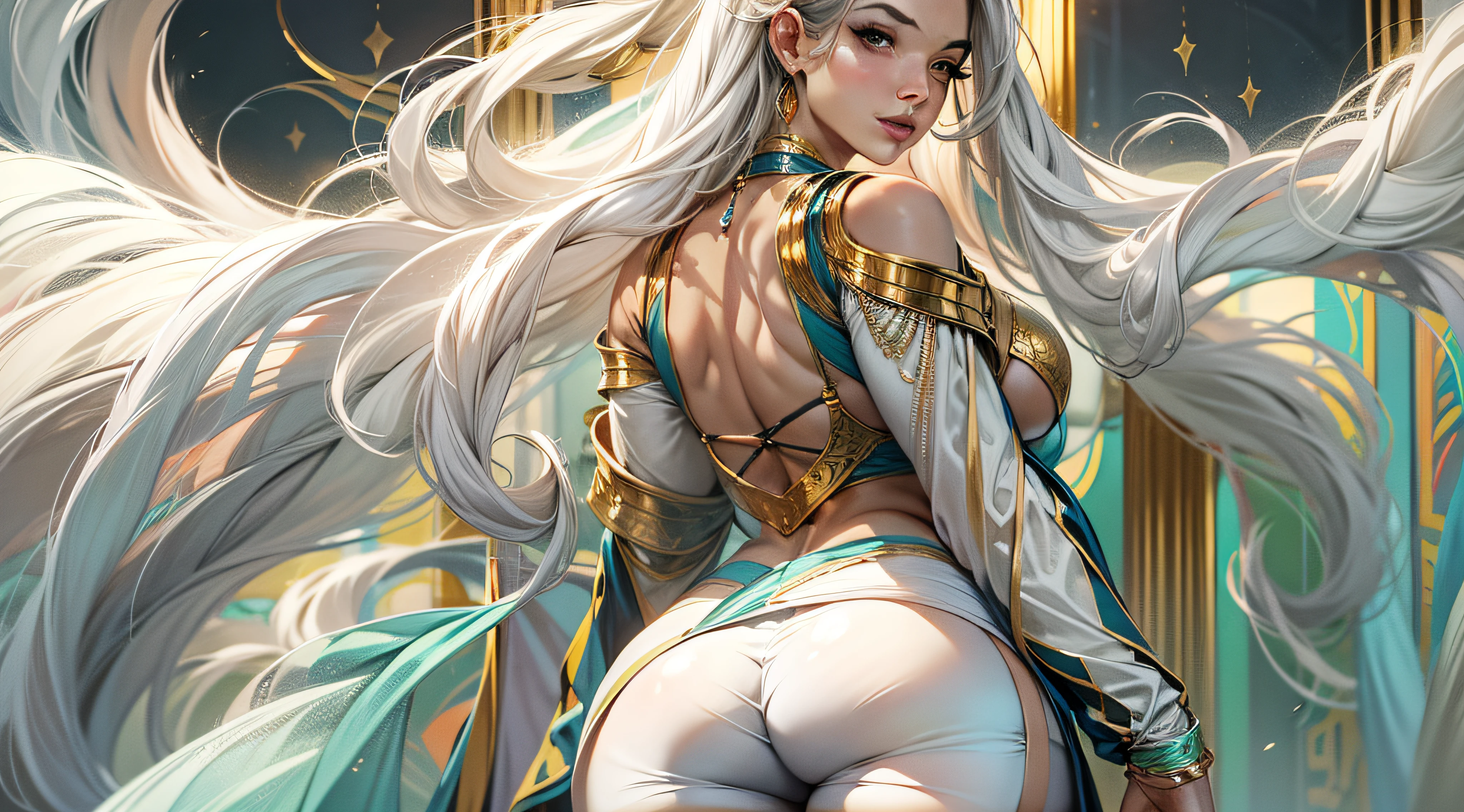 young girl, big hips, sports body, big breastes, big butt, Holds the butt, With his back to the viewer, taut clothes, golden jewelery, Long white hair