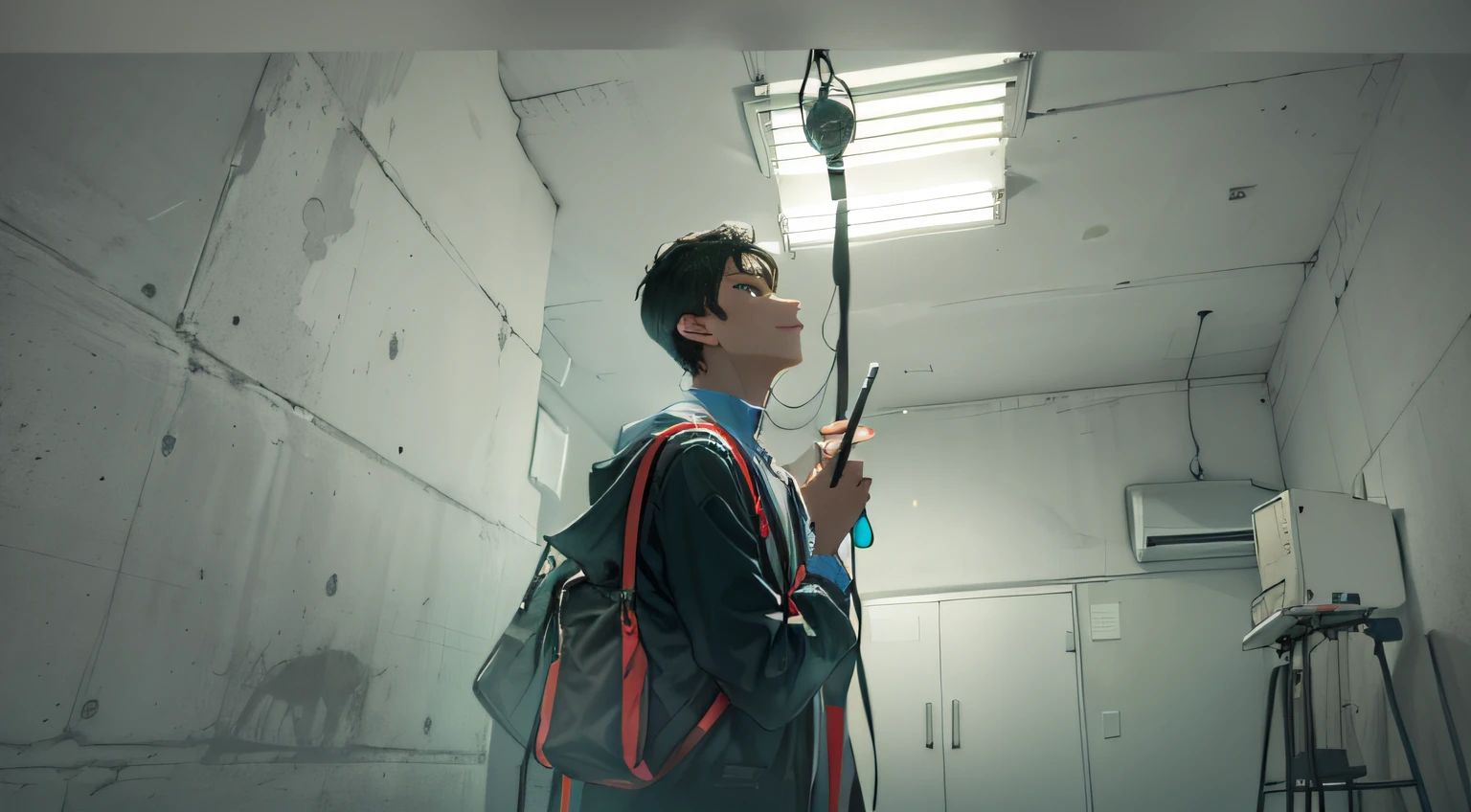of a guy,standing in the room,Holding a pen and recording something
