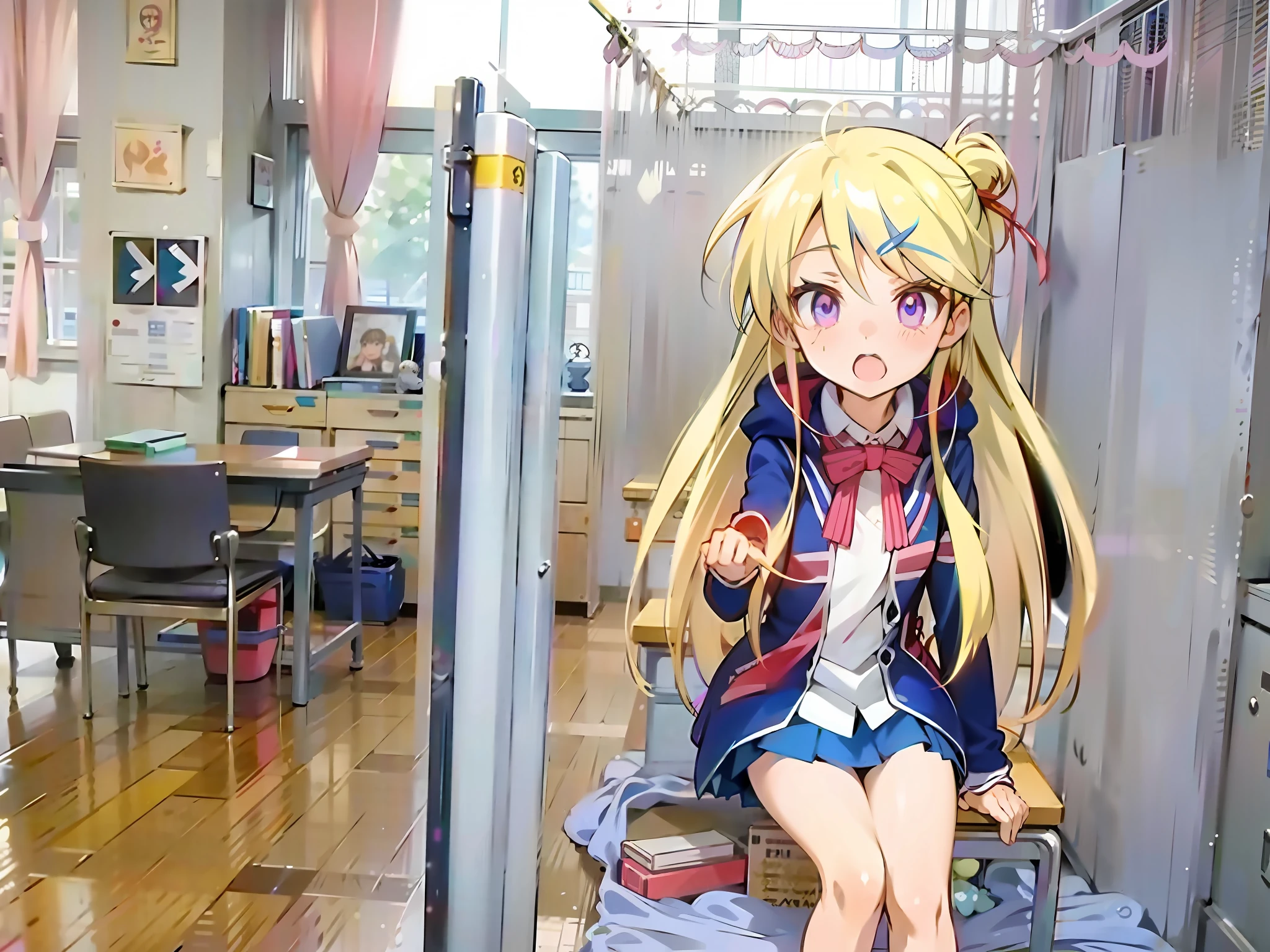 Anime characters in a room with a bed and a table, typical anime classroom, in ryuuou no oshigoto art style, kinmoza!, Ecchi anime style, in an anime, anime styled」, anime style like fate/Stay Night, style of madhouse studio anime, beautiful anime high school girl, blonde anime girl with long hair