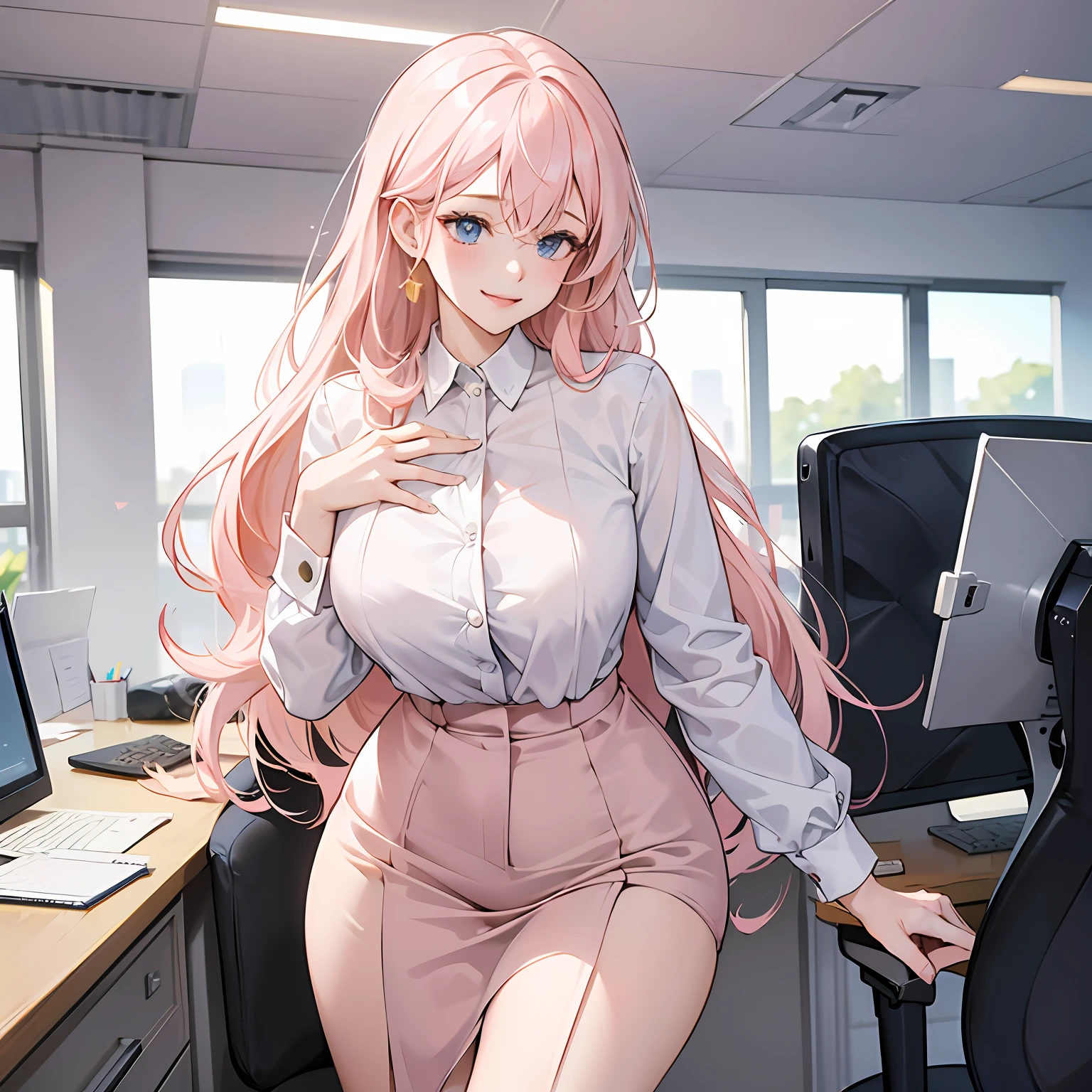 ((masterpiece, best)),(1girl),((mature woman)), light pink hair, dizzy, trumpet, ((office lady)), bangs, mid-chest, (full), slim, smiling, [wide hips] , office, standing, aru \(blue archive\), --auto