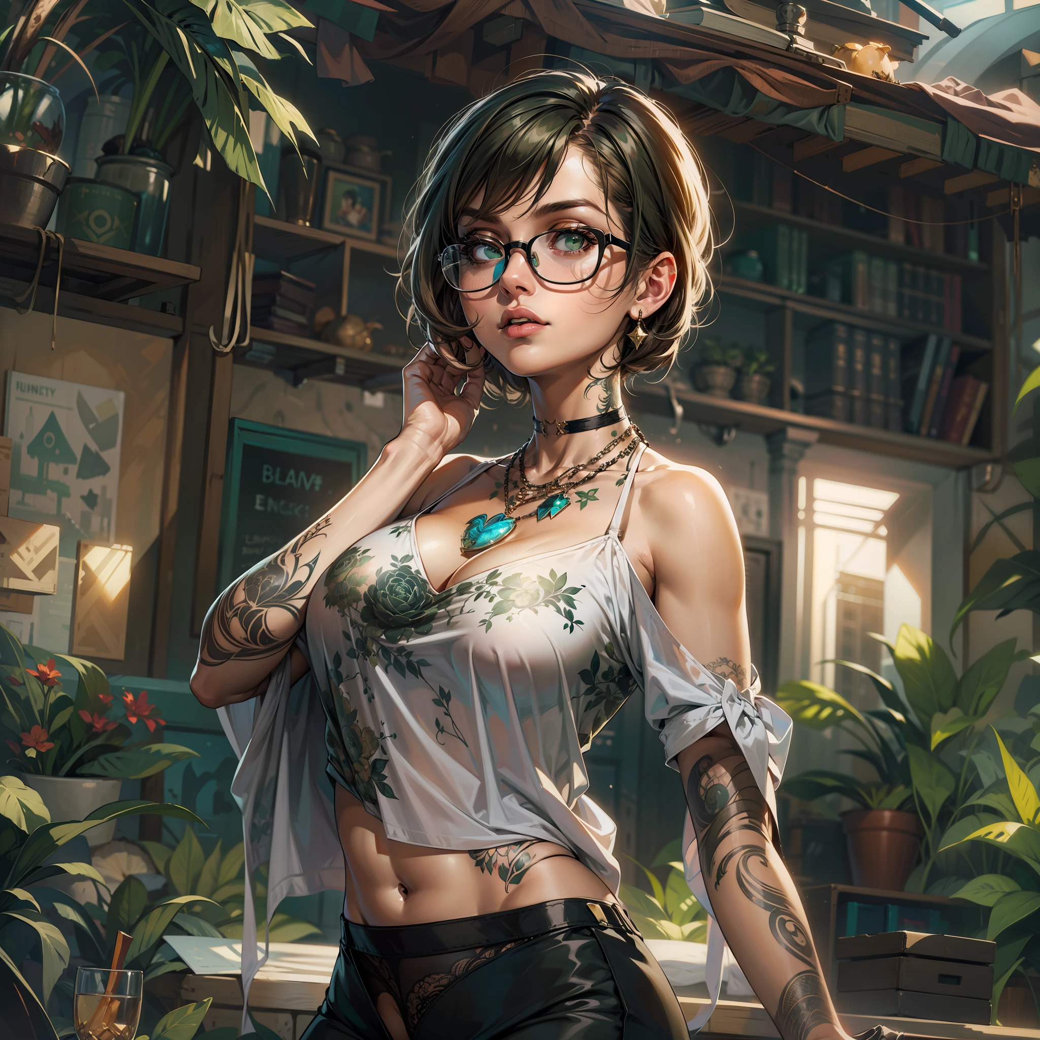 (masterpiece, best quality, high resolution, unity 8k wallpaper, extremely detailed CG:1), (illustration:1.0), 1girl, doloresms, 1girl, tattoo, glasses, green eyes, cleavage, black panties necklace, detached sleeves, bare shoulders, round eyewear,