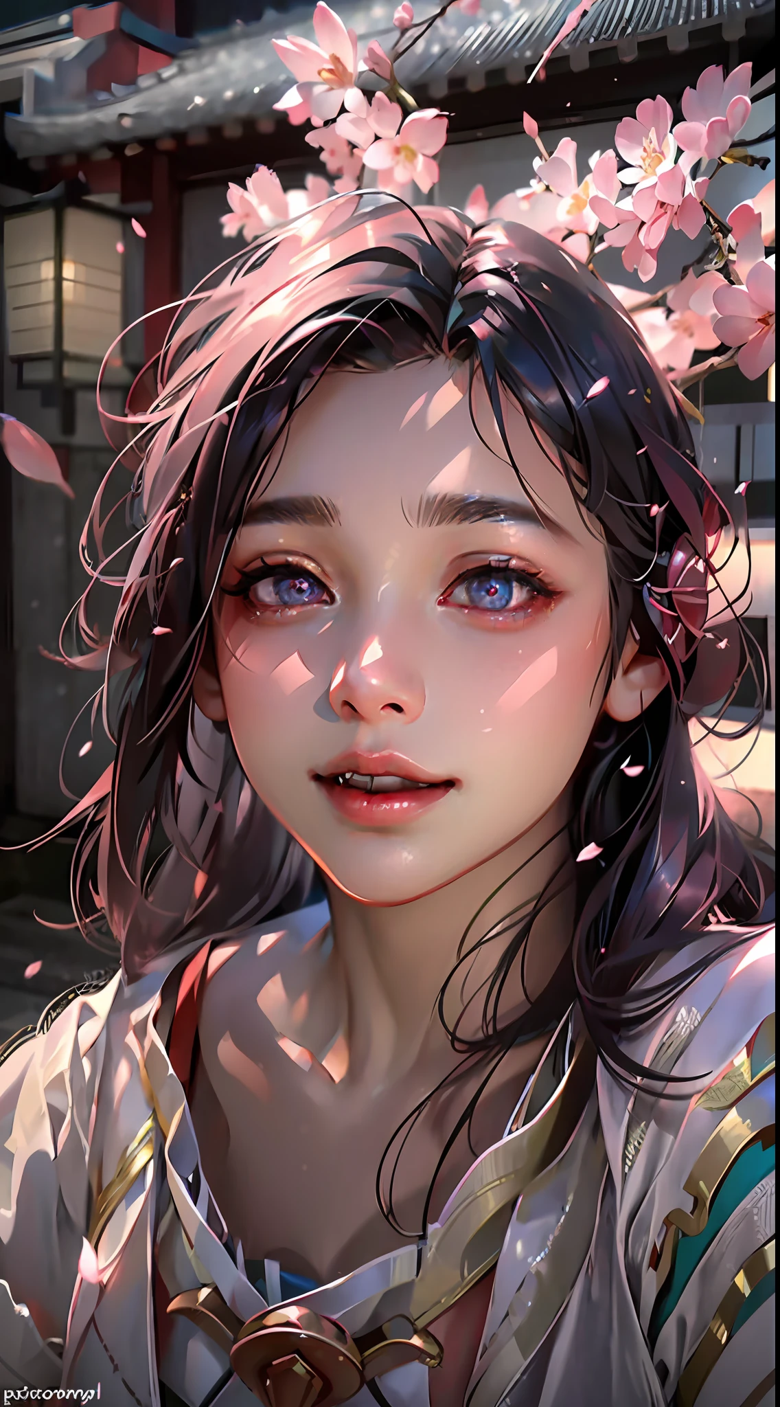 ultra high res, (photorealistic:1.4), raw photo,16K,,beautiful detailed girl, extremely detailed eyes and face, beautiful detailed eyes,light on face,cinematic lighting,1girl,looking at viewer,east asian architecture,(blurry background:1.2),cherry blossoms, lantern light, depth of field,