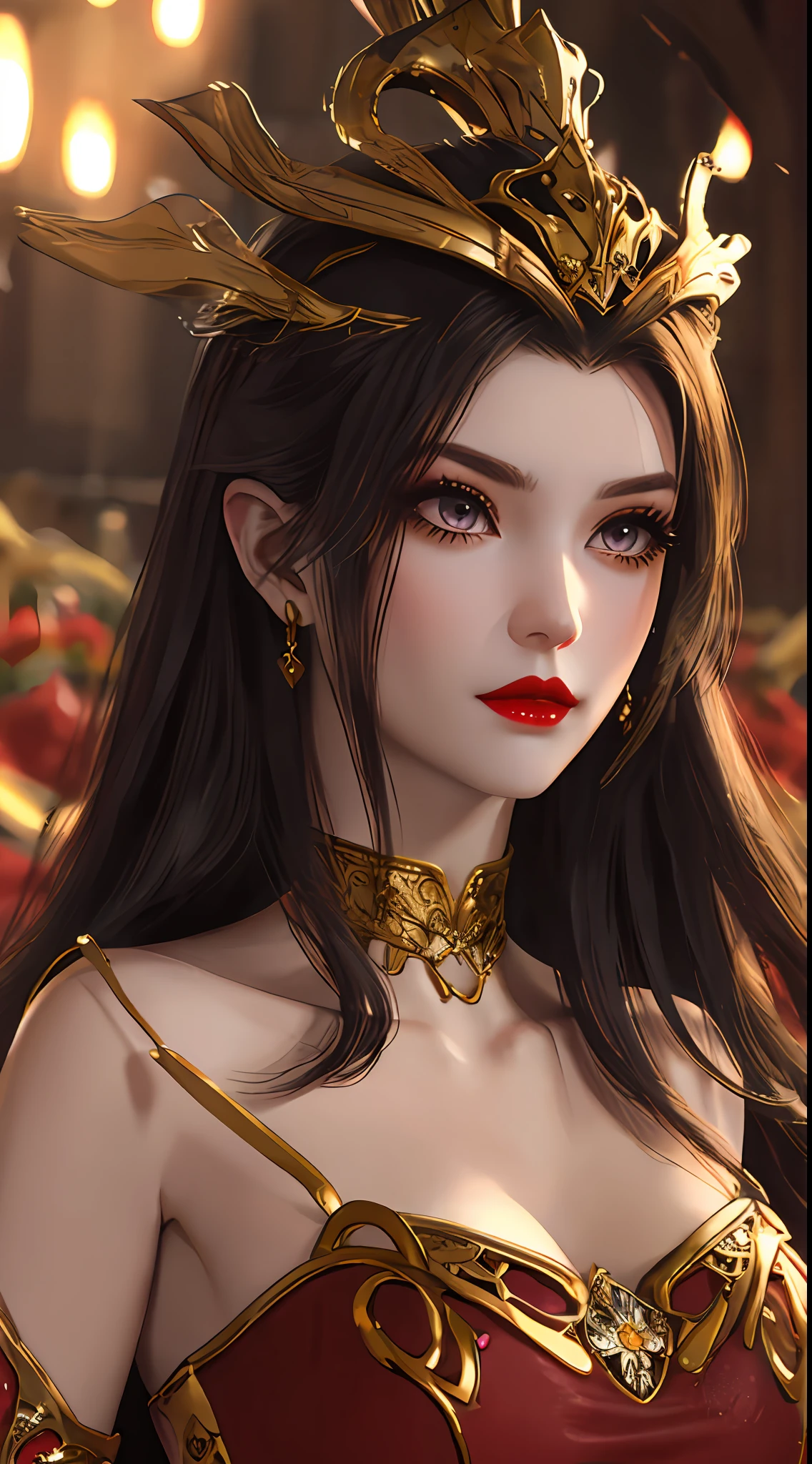 A beautiful queen wearing a red antique dress with gold trim, beautiful face, long hair, golden crown on her head, mysterious neck and hair jewelry, Light red irises, big round eyes, thin and sharp eyebrows, detailed and sharp eyelashes in every detail, red lipstick petite lips, slim shoulders, plump boobs, big, round and regular breasts, slim waist, RAW photos, Detailed photos, highest quality photos, 8k Queen upper part, upper body,