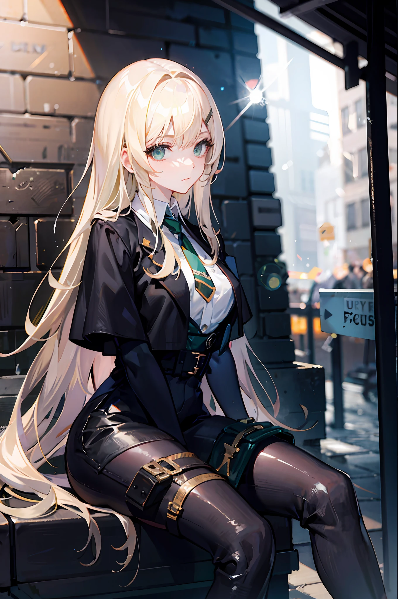 {{masterpiece, best quality, extremely detailed CG, unity 8k wallpaper, cinematic lighting, lens flare}}, a girl sitting on the side walk holding a gun, thick body, long blond hair, green eyes,