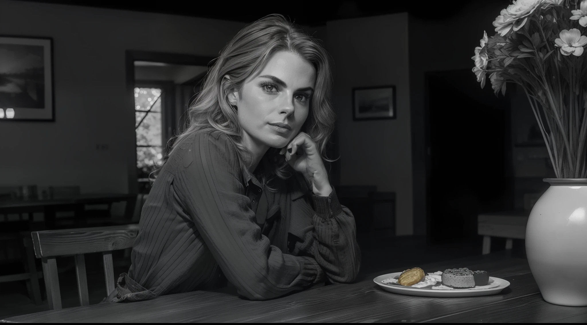 CHARACTER: (01 Canadian woman | striking resemblance to Keri Russel | 44 years old | alone | wearing casual clothes | blonder curly hair | beautiful face | best eyes | penetrative eyes | best mouth | perfect face ) ACTION: (she is having breakfast) PLACE (in the garden | flowers | wooden table) QUALITY: (masterpice | UHD 12K | photo realism | real texture | artificial light | dramatic photo | cinematic quality | og) EFFECTS: (monochrome photography | black and white | greyscale | high contrast | film grain | deep black | equalized exposure | warm white 3000k | sooth shadows | sharp focus ) EQUIPMENT: (Arri Alexa Sxt Plus) P. O.V.: (profile shot | full shot )