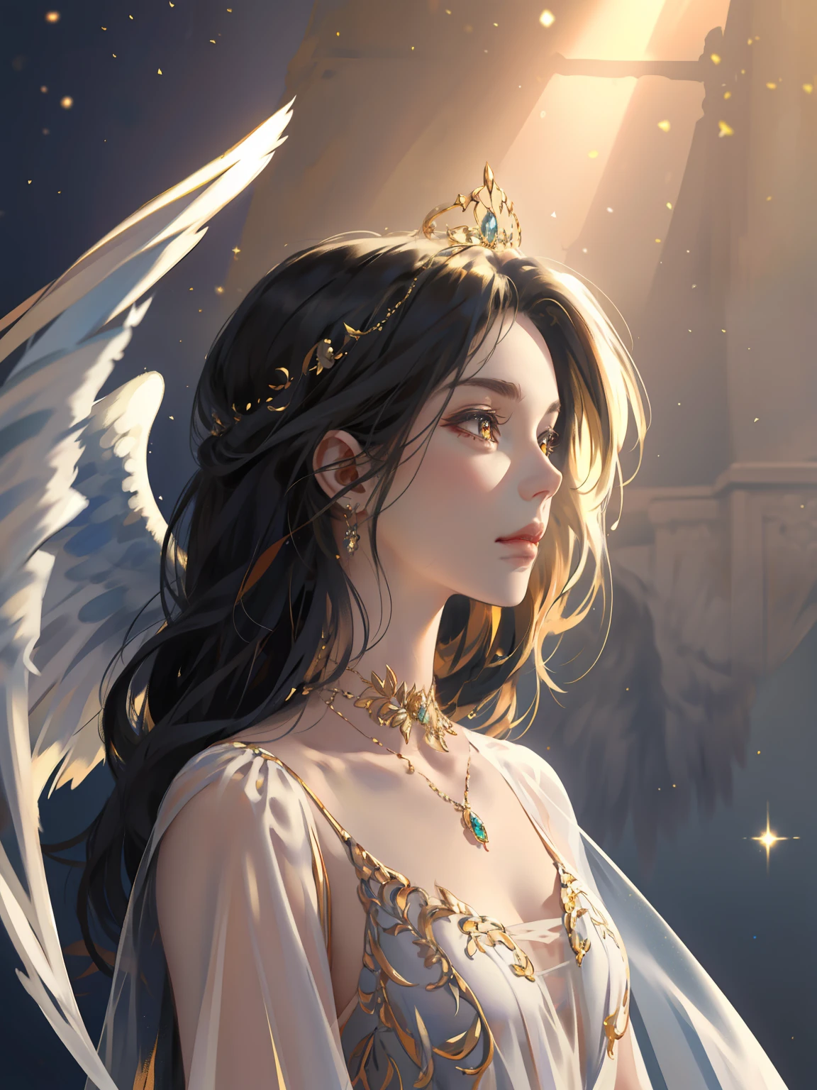 tmasterpiece,best qualtiy,beauty portrait,Intricate dresses,grieves,Golden eyes,photorealisti,tmasterpiece,archangel,angel wing,Silk dress,ventania,fanciful,From artstation,Glitter jewelry,glarelight,Irridescent color,globalillumination,real hair movement,realistic raytraicing,realistic shaded,side looking,((ssee-through))、softlighting、Dreamlight、perfect eyes、Background 4K、𝓡𝓸𝓶𝓪𝓷𝓽𝓲𝓬、high detal、tiara crown、Gold and precious stones