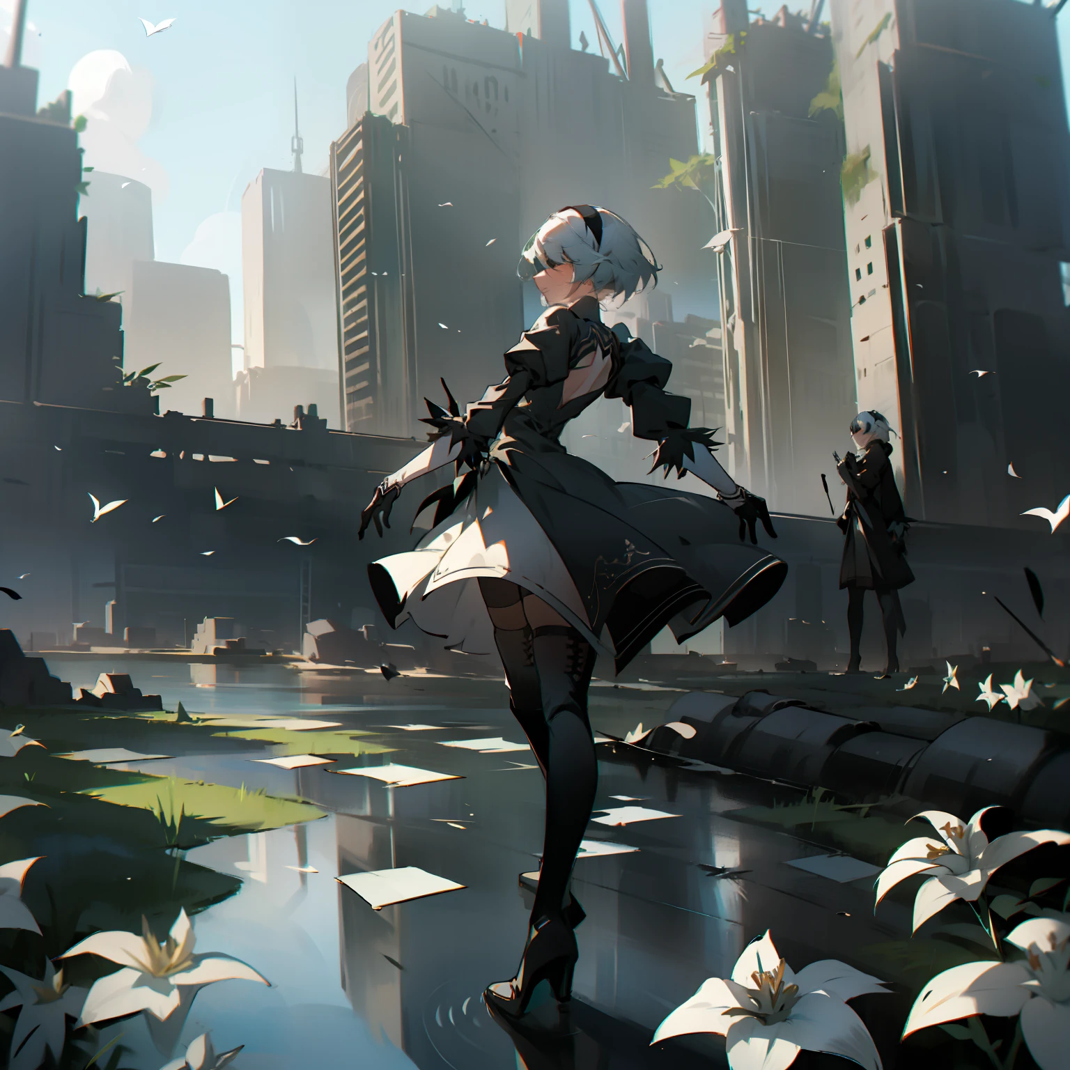 masterpiece, best quality, detailed face, extremely detailed, yorha no. 2 type b, 1girl, solo, absurdres, 8k, White hair, silver hair, black blindfold, black dress, black hairband, blindfold, eye highlights blue sky, boots, building, city, cloud, covered eyes, debris, dress, feather-trimmed sleeves, feather trim, gloves, grass, hairband, high heel boots, high heels, highres, juliet sleeves, katana, leather, leather boots, long sleeves, nier \(series\), nier automata, outdoors, overgrown, pod \(nier automata\), post-apocalypse, puddle, puffy sleeves, rubble, ruins, scenery, sky, thigh boots, thighhighs, thighhighs under boots, water, Leaves dancing in the wind, White flowers, white lilies, Light is dancing in the air,