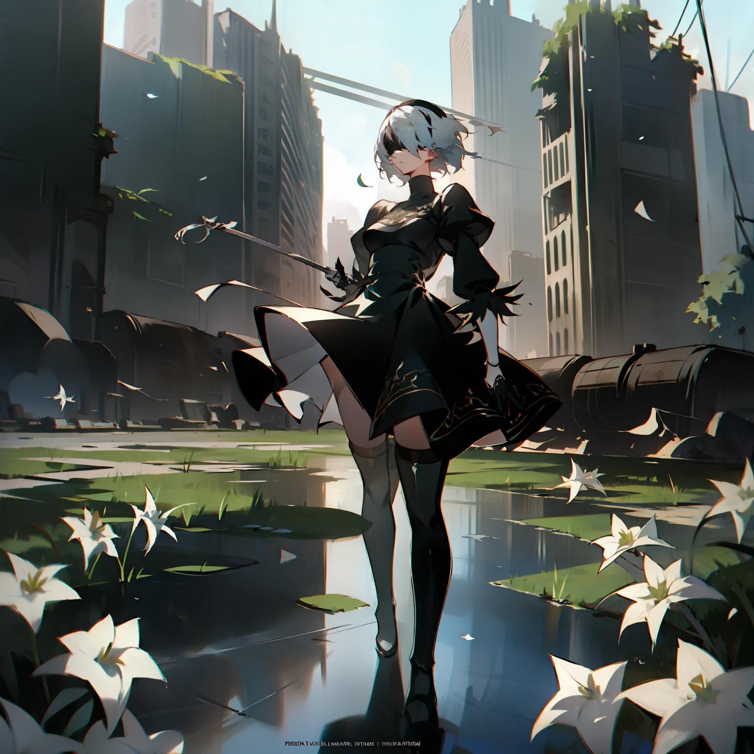 masterpiece, best quality, detailed face, extremely detailed, yorha no. 2 type b, 1girl, solo, absurdres, 8k, White hair, silver hair, black blindfold, black dress, black hairband, blindfold, eye highlights blue sky, boots, building, city, cloud, covered eyes, debris, dress, feather-trimmed sleeves, feather trim, gloves, grass, hairband, high heel boots, high heels, highres, juliet sleeves, katana, leather, leather boots, long sleeves, nier \(series\), nier automata, outdoors, overgrown, pod \(nier automata\), post-apocalypse, puddle, puffy sleeves, rubble, ruins, scenery, sky, thigh boots, thighhighs, thighhighs under boots, water, Leaves dancing in the wind, White flowers, white lilies, Light is dancing in the air,