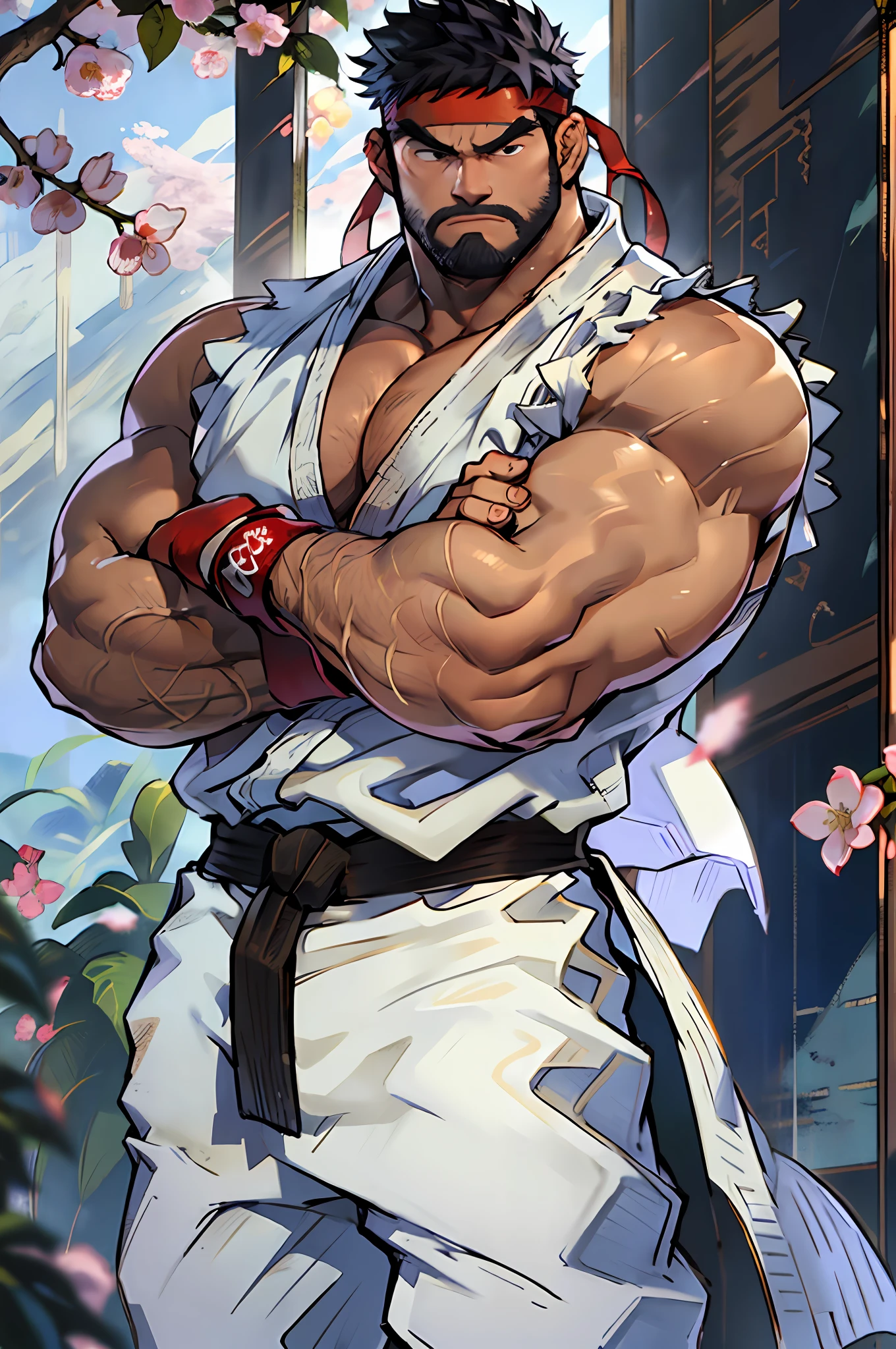 (masterpiece, best quality:1.2), cowboy shot, solo, male focus, 1boy, ryu \(sf\), middle age, serious, determined face, white skin, looking at viewer, black hair, black beard, detailed face tall, hunk, muscular, wide shoulder, big physique, wearing big white Dougi, new white Dougi shirt, white Dougi pant, red headband, fingerless gloves, blue aura, cherry blossom in the background, high detailed, crossed arms