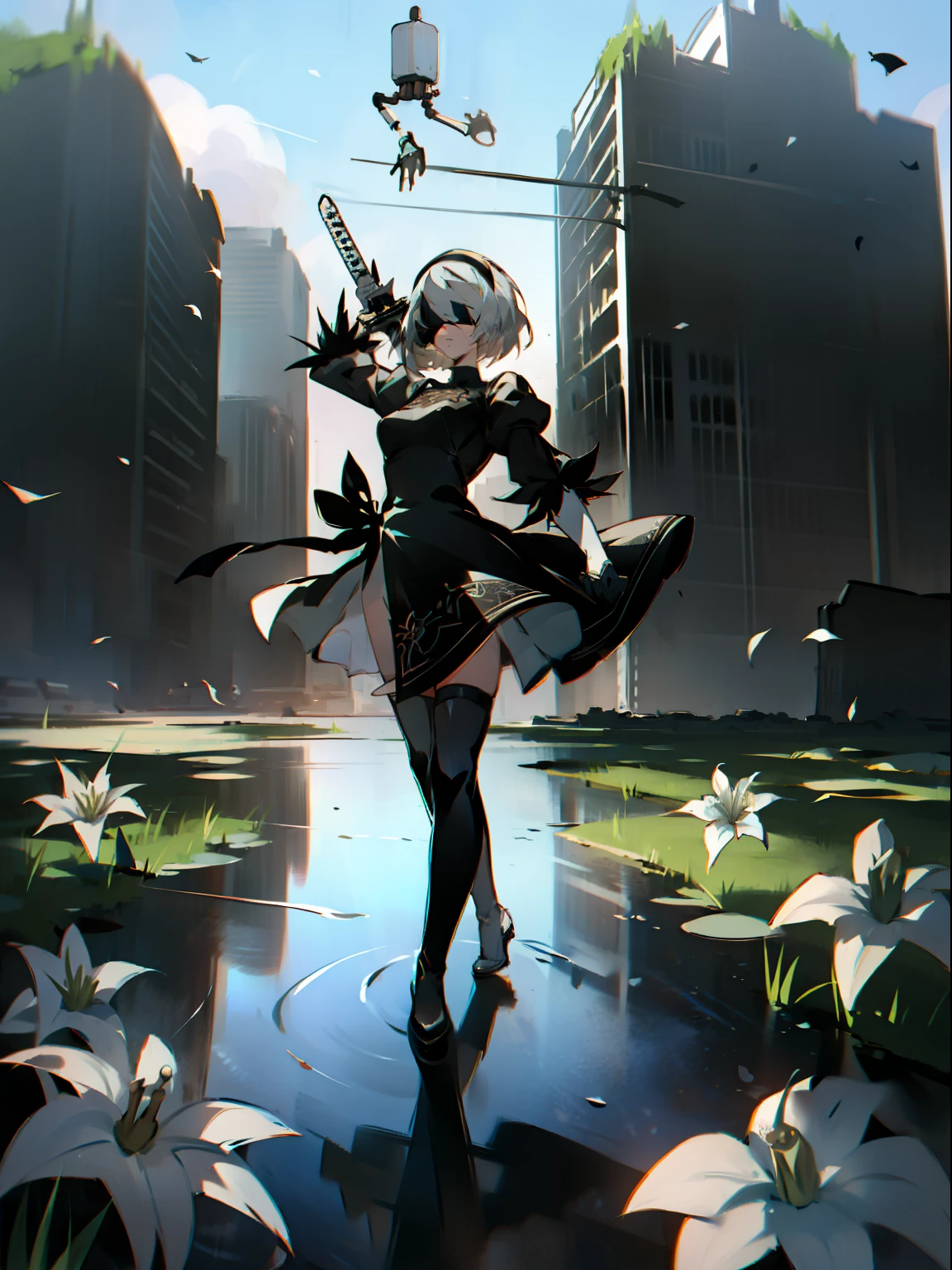 masterpiece, best quality, detailed face, extremely detailed, yorha no. 2 type b, 1girl, solo, absurdres, 8k, White hair, silver hair, black blindfold, black dress, black hairband, blindfold, eye highlights blue sky, boots, building, city, cloud, covered eyes, debris, dress, feather-trimmed sleeves, feather trim, gloves, grass, hairband, high heel boots, high heels, highres, juliet sleeves, katana, leather, leather boots, long sleeves, nier \(series\), nier automata, outdoors, overgrown, pod \(nier automata\), post-apocalypse, puddle, puffy sleeves, rubble, ruins, scenery, sky, thigh boots, thighhighs, thighhighs under boots, water, Leaves dancing in the wind, White flowers, white lilies, Light is dancing in the air,
