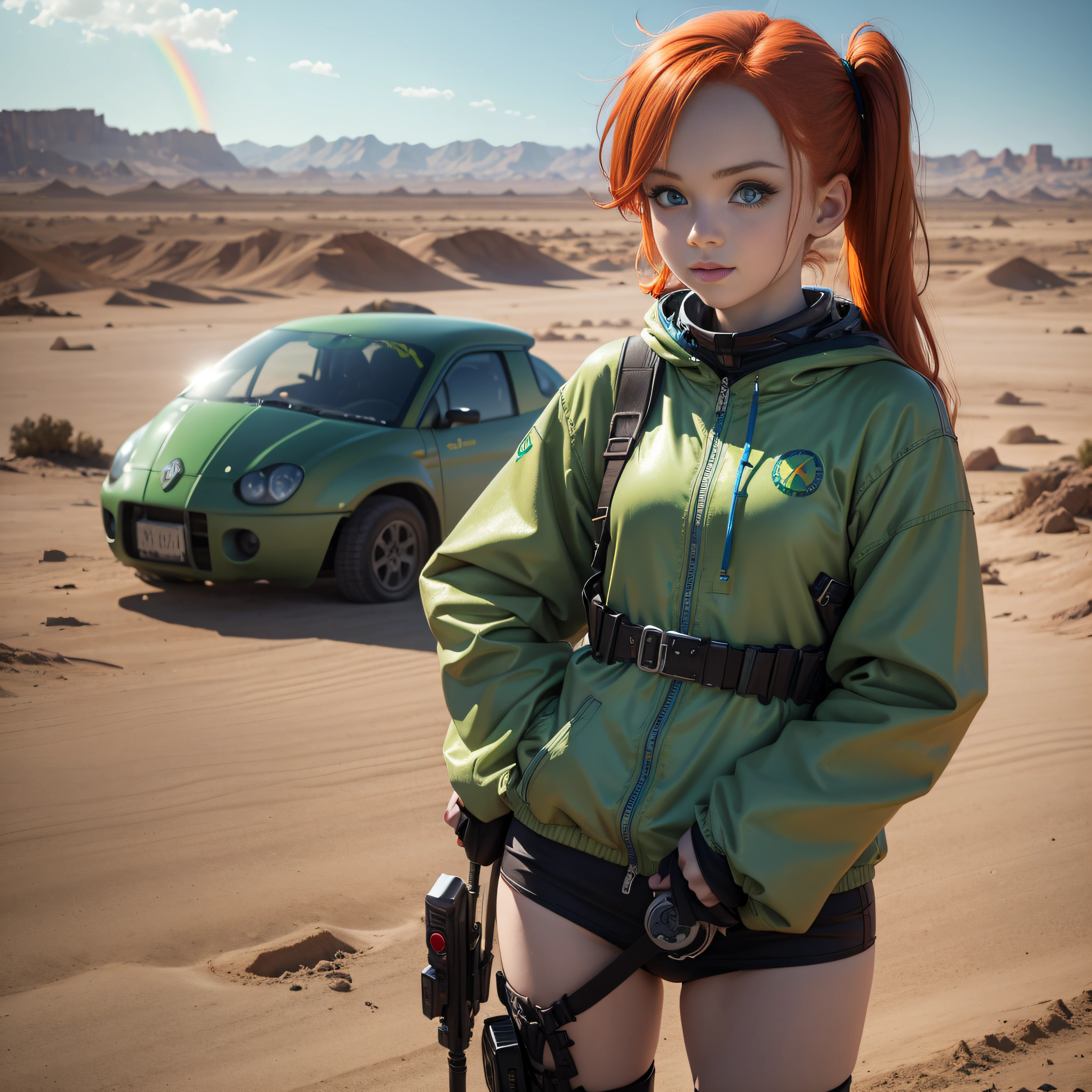cute redhead woman in twin tails, multiple rainbow colored hair, sky-blue eyes, happy, Ukrainian, petite, pale skin, wearing a green metallic color bikini, post apocalyptic background, bleak barren desert, photo realistic woman. --auto