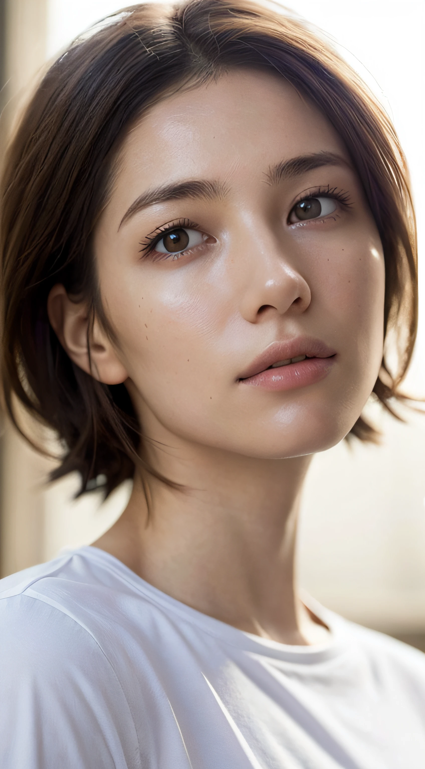 dressed, (photo realistic:1.4), (hyper realistic:1.4), (realistic:1.3), (smoother lighting:1.05), (increase cinematic lighting quality:0.9), 32K, 1girl,20yo girl, realistic lighting, backlighting, light on face, ray trace, (brightening light:1.2), (Increase quality:1.4), (best quality real texture skin:1.4), finely detailed eyes, finely detailed face, finely quality eyes, (tired and sleepy and satisfied:0.0), face closeup, t-shirts, (Increase body line mood:1.1), (Increase skin texture beauty:1.1)
