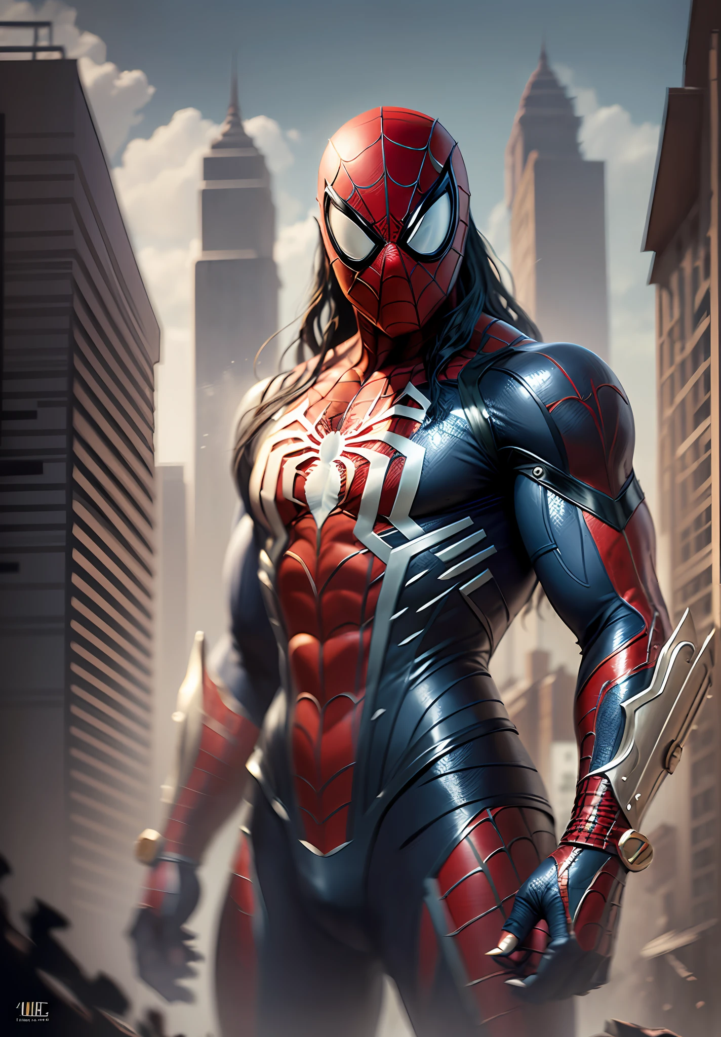 midjourny-v5 Delicate "cyborg spiderman", future style, cyberpunk, majestic detailed spider future suit, apocalypse BAGAN city background, Lara Croft, Muscular arms, Sharp focus, Concept art, Hyperrealism, Realistic lighting, Highly detailed, 8k, Iridescent accents,Ultra detailed,Atmospheric, Cinematic lighting (masterpiece:2.2) architect. myanmar warrior spider - man in armor with sword and shield in hand, concept art inspired, Artstation contest winner, ancient warrior, full black arabesque armor spiderman, the darklord warrior:2.1, mystic myanmar warrior, epic luxurious detaild warrior, spiderman as terminator, portrait of ninja slayer, ancient warrior, spiderman as myanmar warrior, ancient myanmar style spiderman, stunning character art, graphic novel cover art,ultra realistic, 4k, oil painting, unique art worklphohonsee pixar, 16k, 8k, 4k, HD, 3D, vivid light refractions --w 1920 --h 1020,masterpiece city design,luxurious cinematic colour quality, unique and mesmerizing building look, tranding on artstation,(magnificent art), ostentatious detailed apocalpyse bagan city. --auto --s2