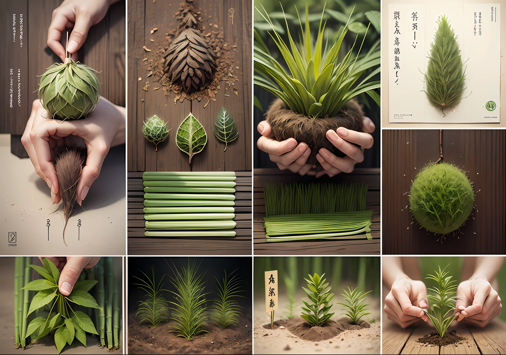 A visual montage in which a hand holds a bamboo seed, with an illustration showing the growth sequence, from the seed to its adult and imposing form.