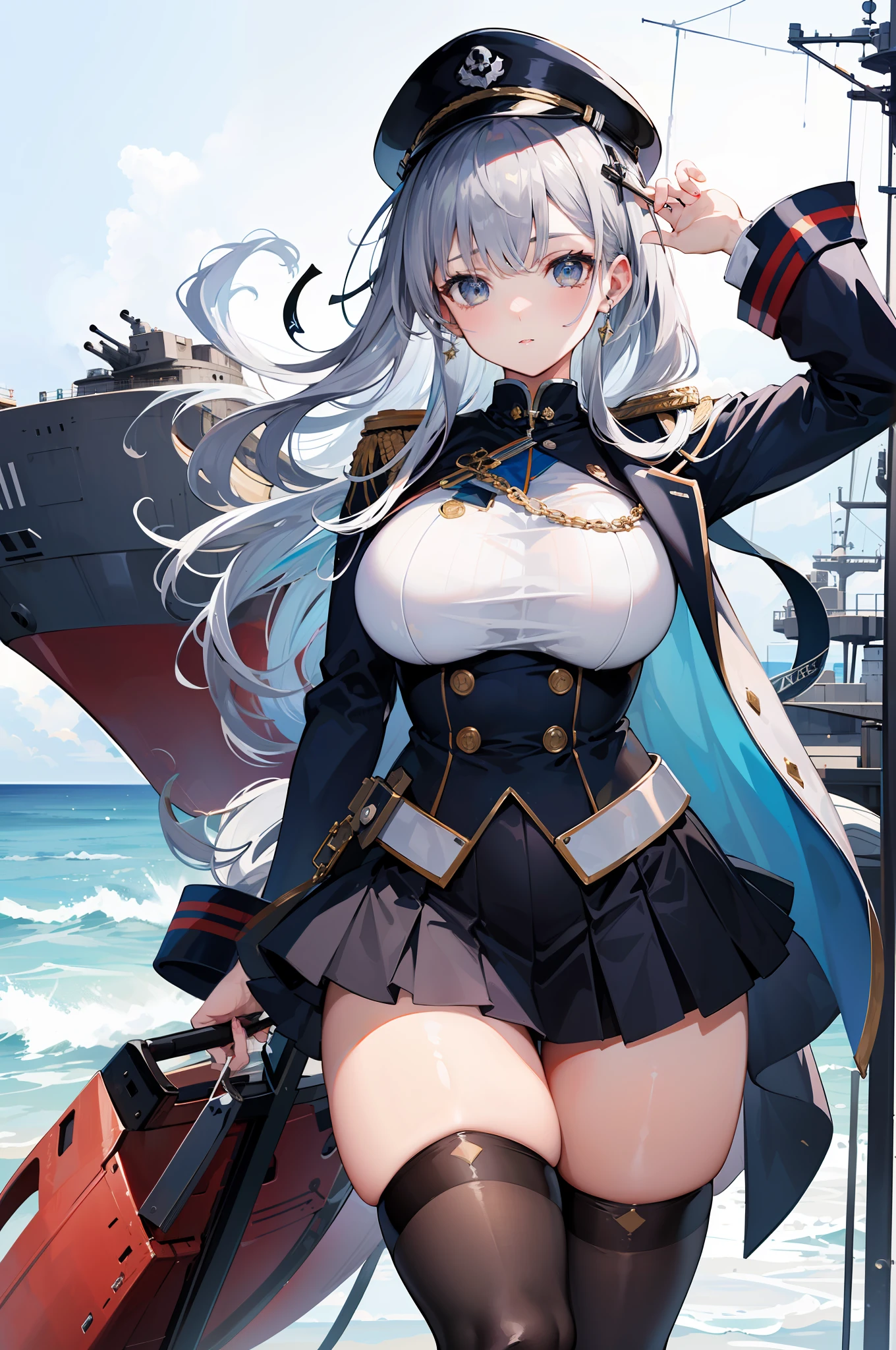 illustratio、(top-quality)、(((masterpiece)))、(Hi-Res)、Original、(1womanl)、A sexy、Thick、Big body、silber hair,Navy Uniform、Miniskirt,White cap,thighhigh,,(Sea),battleship