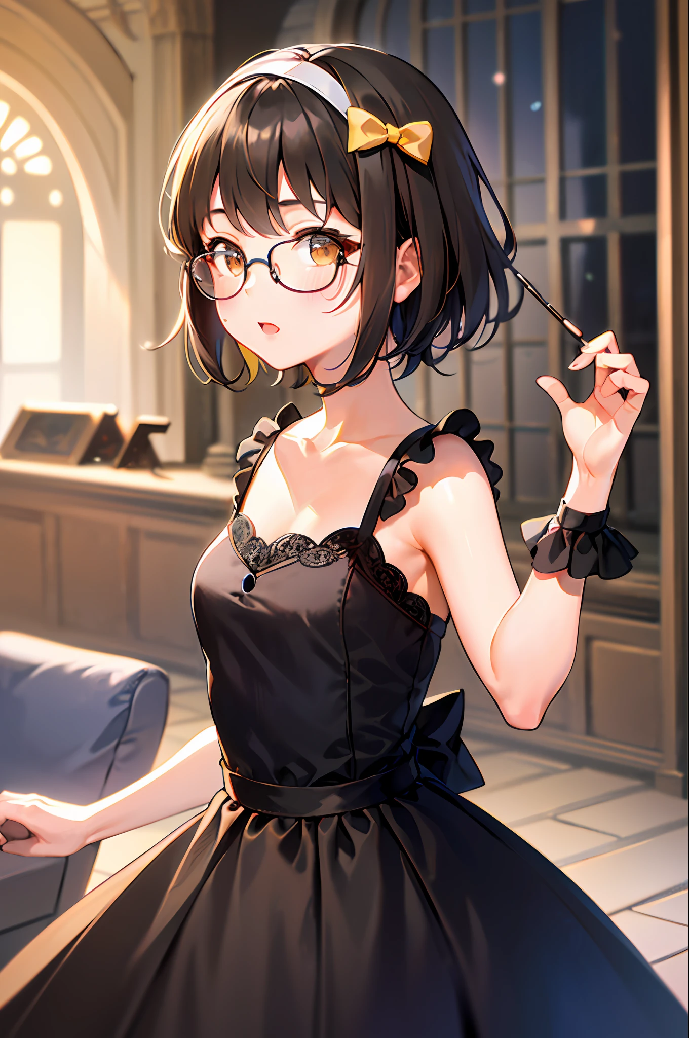 (1 、A dark-haired、short-hair、straight haired、bow ribbon、Light brown eyes、Black glasses、small tits、cute face)、Princess Costume、masterpiece、top-quality、Outside the castle