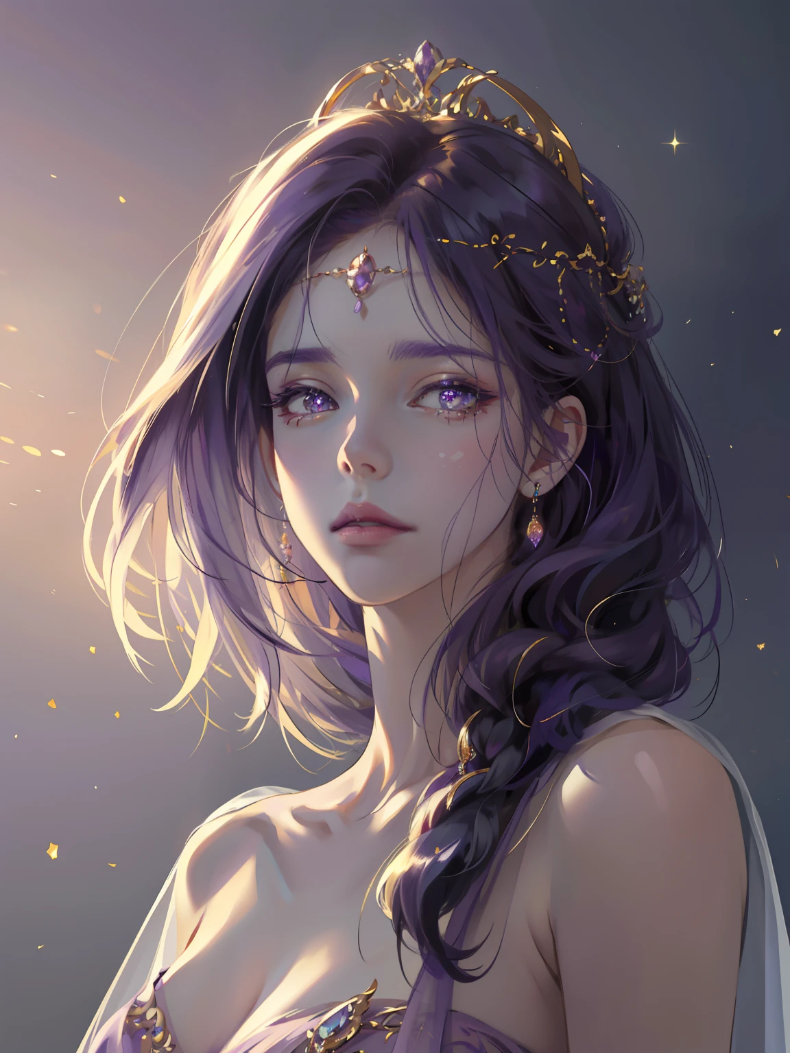 tmasterpiece,best qualtiy,Beauty portrait,Intricate dresses,grieves,Purple eye,photorealisti,tmasterpiece,Purple silk dress,ventania,fanciful,From artstation,Glitter jewelry,glarelight,Irridescent color,globalillumination,Real hair movement,realistic raytraicing,realistic shaded,side looking,((ssee-through))、softlighting、Dreamlight、perfect eyes、Background 4K、𝓡𝓸𝓶𝓪𝓷𝓽𝓲𝓬、high detal、tiara crown、Gold and precious stones