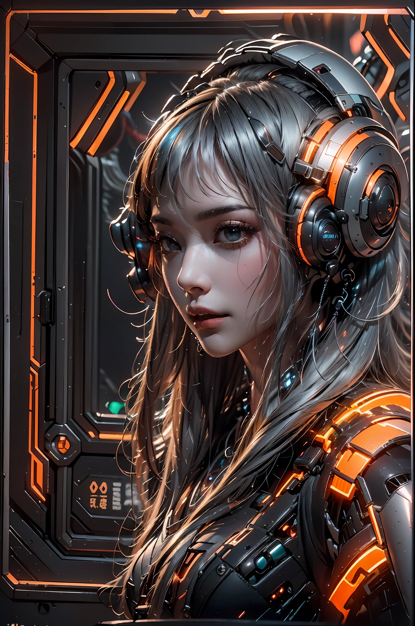 1girll,Perfect facial features,delicated face,(cyber punk perssonage:1.3),Bring headphones,Illuminated helmet and headphones,glowing jewelry,Glowing earrings,Glowing necklace,inside in room,Electronic wire background,best qualtiy,tmasterpiece,Movie filter presets,movie level lighting,c4d渲染,rendering by octane,with light glowing,((Orange light)),(full bodyesbian:1.5),slender leg,perfect foot,High chiaroscuro,(There is no light on the face :1.5)