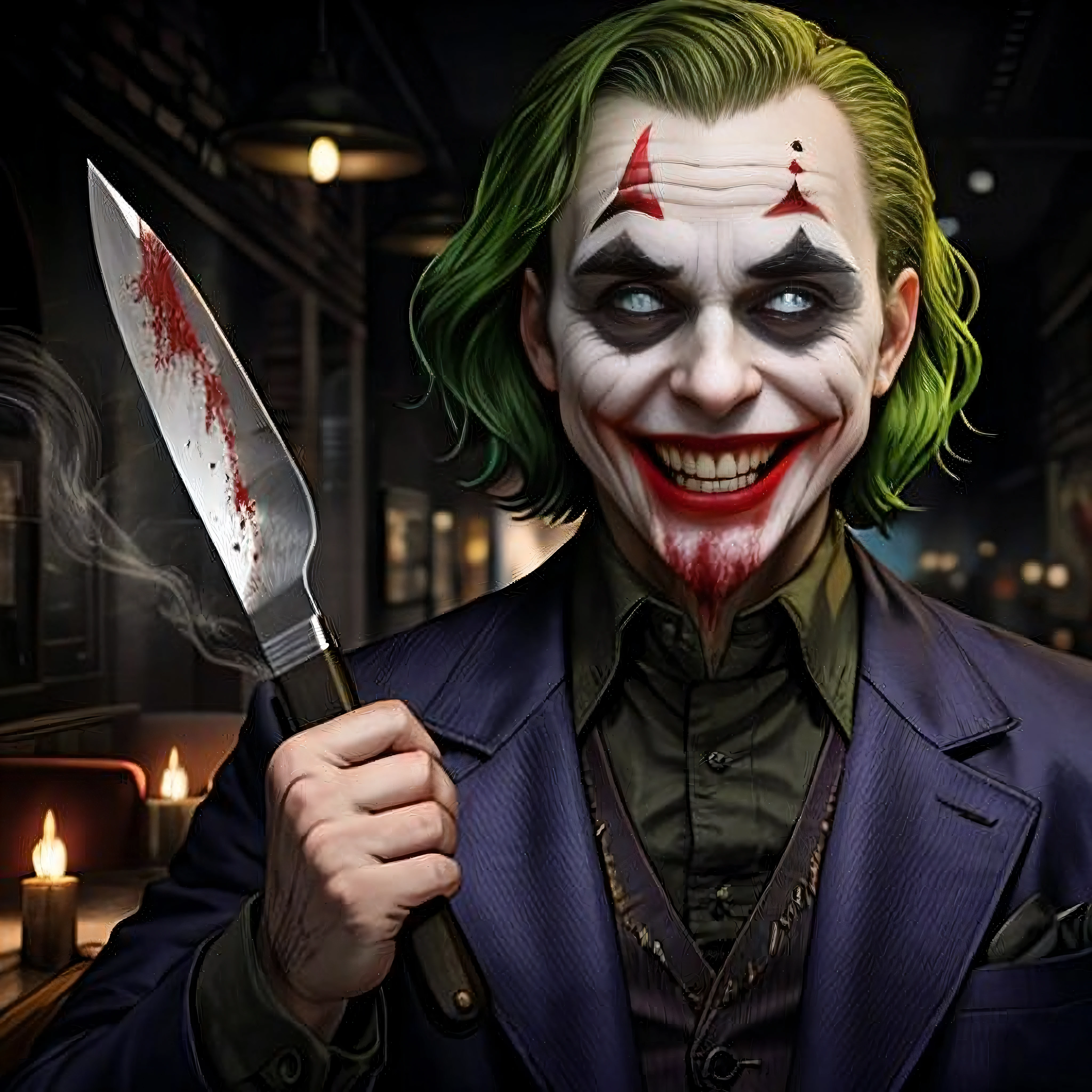 Joker, Full length , Realistic sharp knife with blood stains in hand , Crazy smile , Evil grimace , High detail , Cinematic image , Toxic green hair , Detailed teeth , Blood-colored gums , Bloody mouth , Crazy stare , Evil stare , Wiry , Vignette , Dark background , Flames in the background , HDR , 4K textures , horror atmosphere