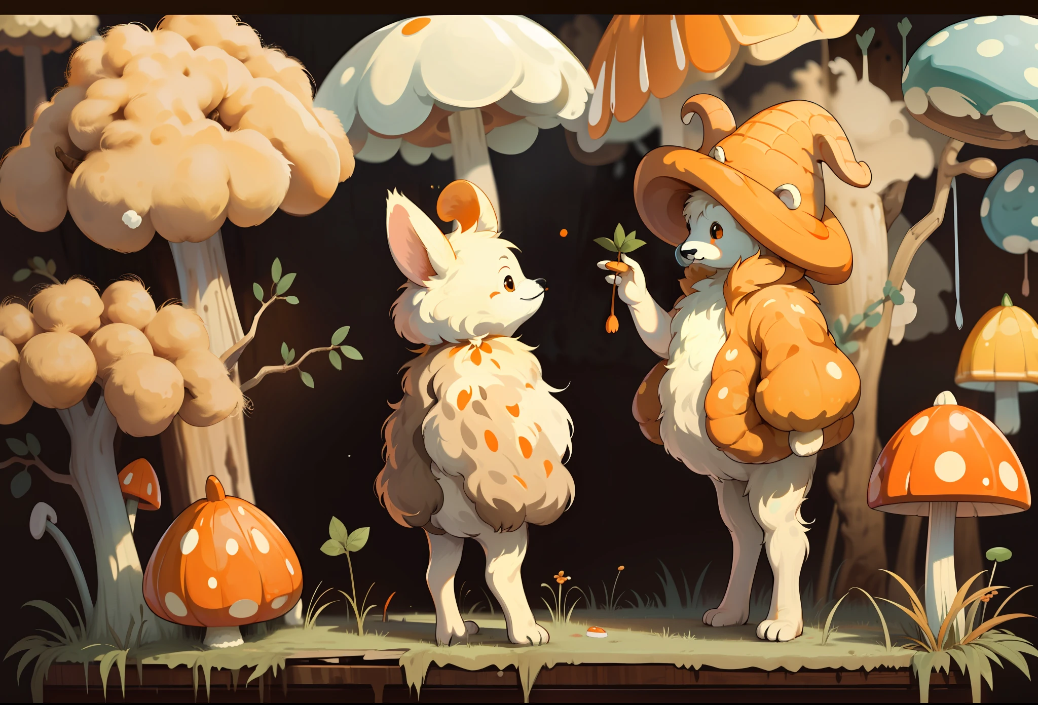 Bipedal creature resembling a sheep, a giant curvy flat spiked orange mushroom hat, light-brown bark-like fur, orange wool, tusks, masterpiece, best quality