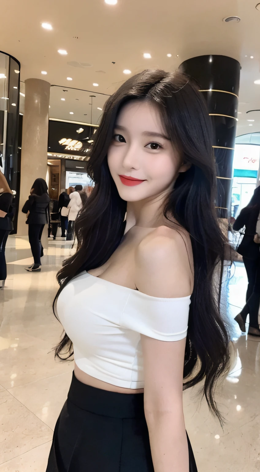 A girl of about 34 years old,simplicity,Extremely beautiful and delicate,(light make-up),Black color hair,A sweet smile,Delicate and beautiful fair skin,Realistic and realistic,exquisite and complete facial features,Detailed depiction of the face,tall nose bridge,Red lips,Beautiful, gentle and beautiful girl,Smooth hair,extremely detail hair,Feminine temperament,Fill your face light,hyper realisitc,photorealestic,8K quality,extremy detailed,Realistic details,Works of masters,Realistic to the extreme,big breasts body,Beautiful,Pure desire,Stunning beauty,Peerless beauty,Highest image quality,8K分辨率,goddes,ssmile,Fine facial features,Hair over the shoulder,A brown-haired,Large long thick legs,(((High-waisted French top))),(((short skirt))),rays of sunshine,facing at camera,The body is well-proportioned and firm,Gentle eyes,Exposing thighs,stand posture,Stand inside the mall,Full body photo