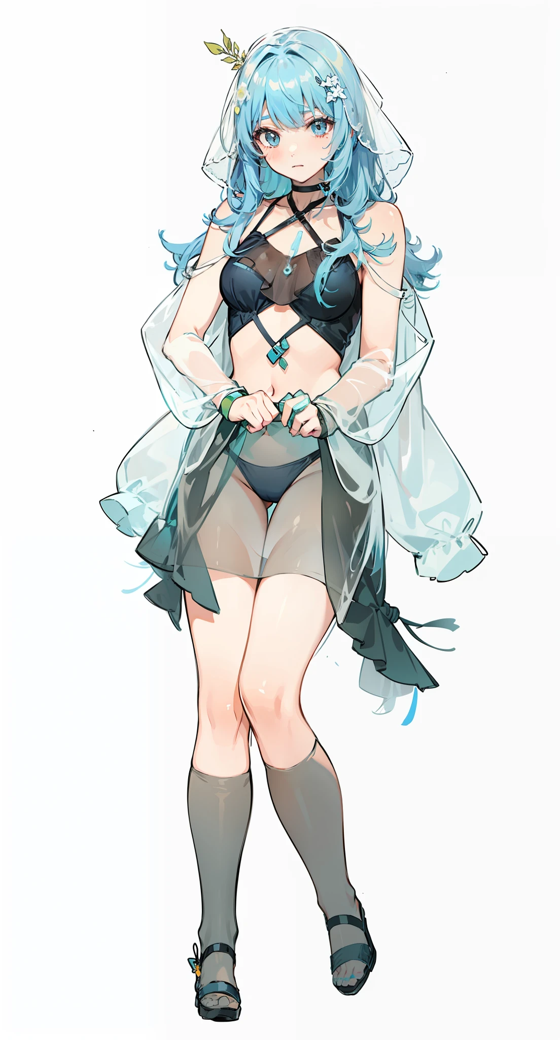 Blue-haired girl in swimsuit wearing transparent sunscreen