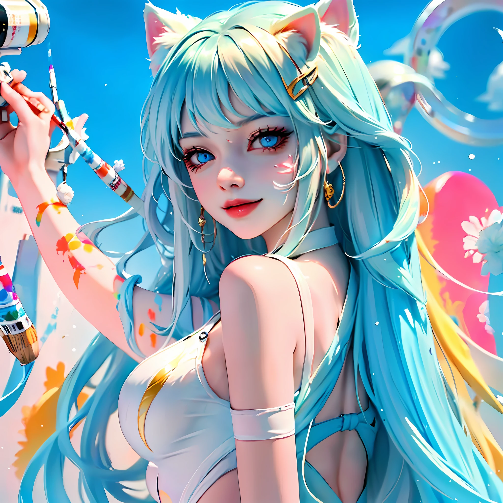 (((gwyn)))（tmasterpiece，best qualtiy，ultra - detailed，A high resolution，illustratio：1.2），Original，extremelydetailedwallpaper，offcial art，astounding，high detal，ultra - detailed，Extremely detailed 8k wallpaper，1girll，Solo，An extremely delicate and beautiful girl，perfect anatomia，Lovely face，Shiny，lustrous Some hair，Fine fabric emphasis，s the perfect face，Glossy glossy skin，fanciful，（Very long hair：1.1），Ray traching，Extremely detailed eyes，beautidful eyes，eBlue eyes，White hair，long whitr hair，Cat ears，nabel，Aging down，Arms up， Armpits， sweat leggs，mischievous look, Naughty smile,(((Back alley、Graffiti artist spray painting wall，paint splatter)))，