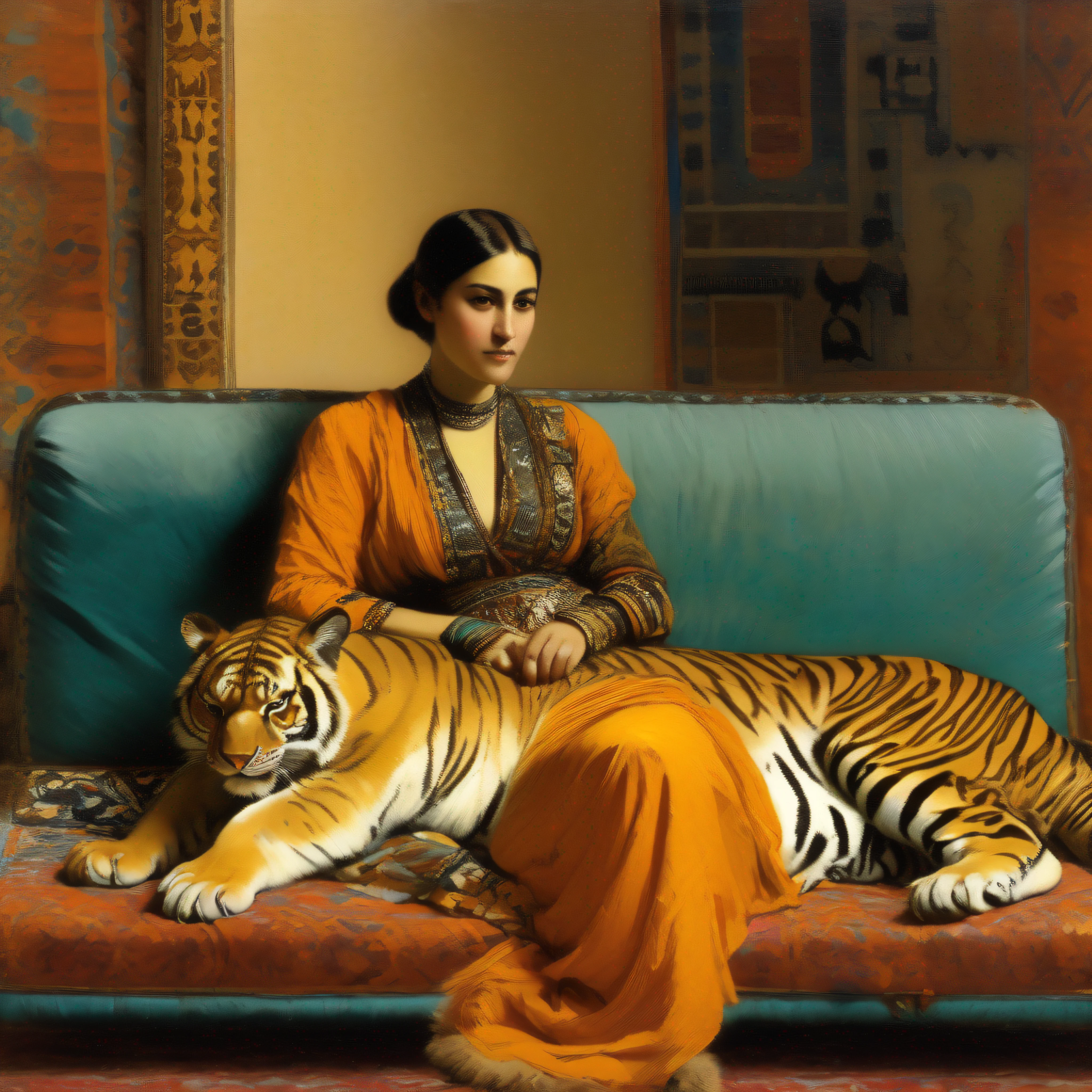 painting of a woman sitting on a couch with a tiger cub, orientalism painting, inspired by Osman Hamdi Bey, orientalist painting, by Osman Hamdi Bey, orientalism, orientalist, grim vibrance orientalism, harem, inspired by Rudolf Ernst, orientalisme, by Rudolf Ernst, by Frederick Goodall, 1920s orientalism
