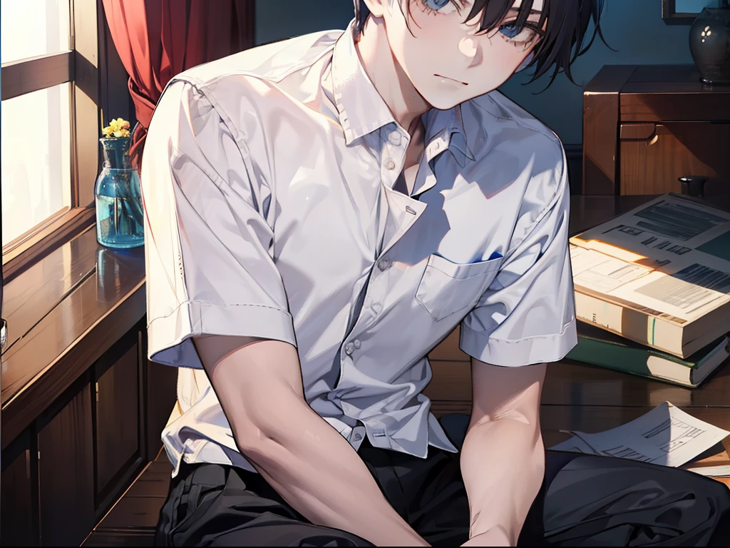 of a guy,Flushed face,Short, streamlined hair,The shirt,Sitting on the bedside,looks into camera