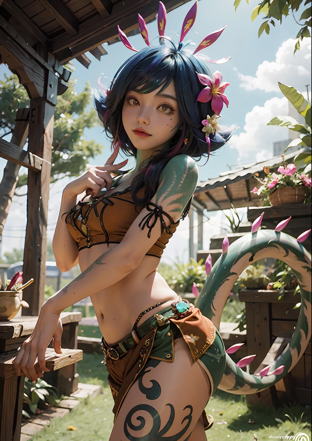 masterpiece, best quality, neeko, hair ornaments, hair flower, brown shorts, crop top, lizard tail, facial marks,nsfw,sexy pose,
medium boobs,professional light,8k