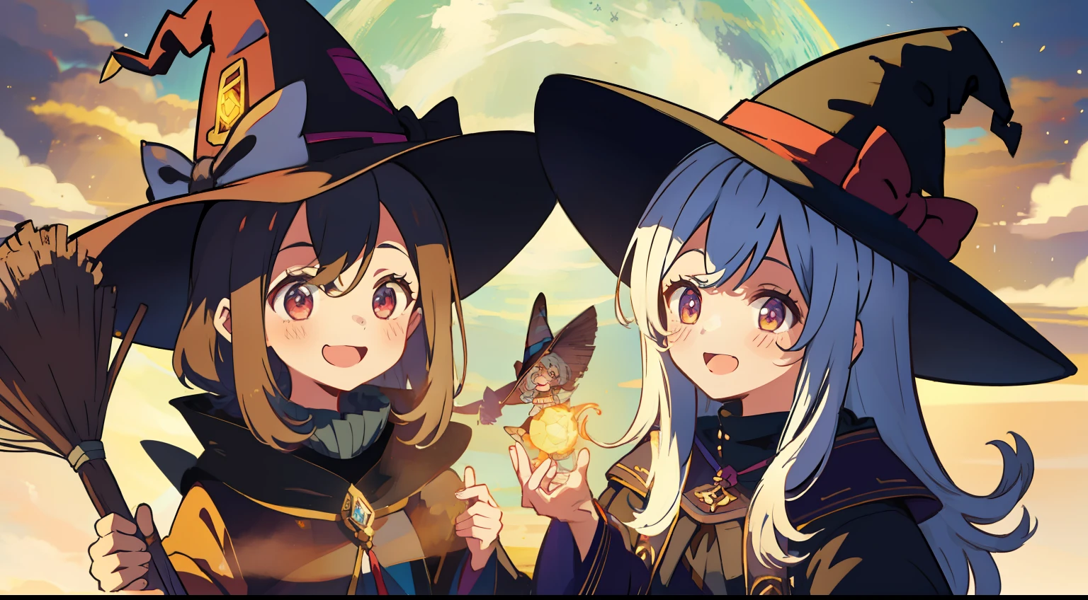 One girl、sorcerer、witch's hat、witch outfit、​masterpiece、Top image quality、top-quality、cute little、Boom、Fly in the sky with a broom、laugh