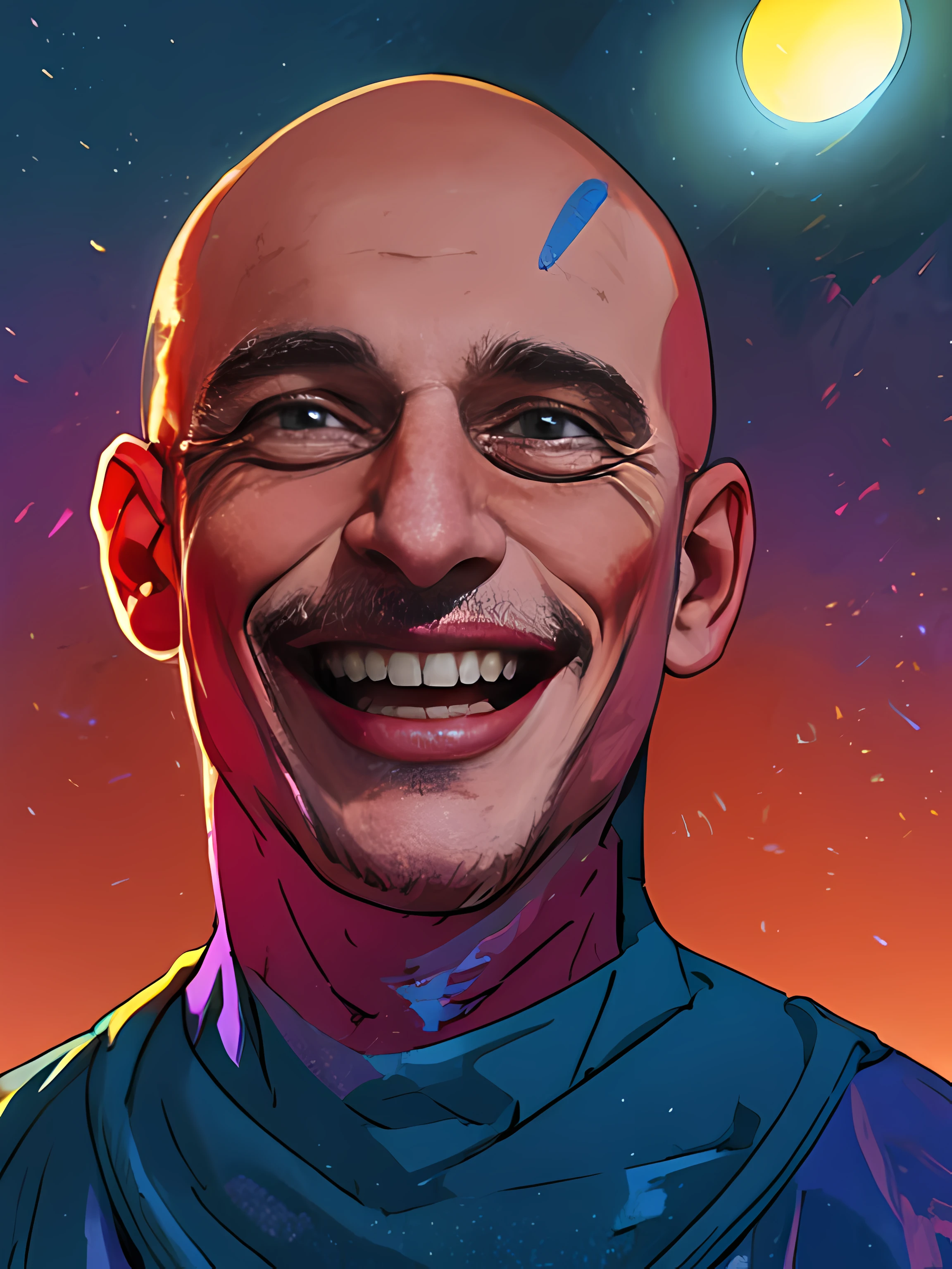 a portrait of a laughing，jocker，musculature，Young person，hdr:1.28，Bald，ultra - detailed，SENSE OF CINEMA，warm lights，Intricate details，Hyperrealistic，Dark radial background，pastel colour:1.38，com cores neutras:1.2。