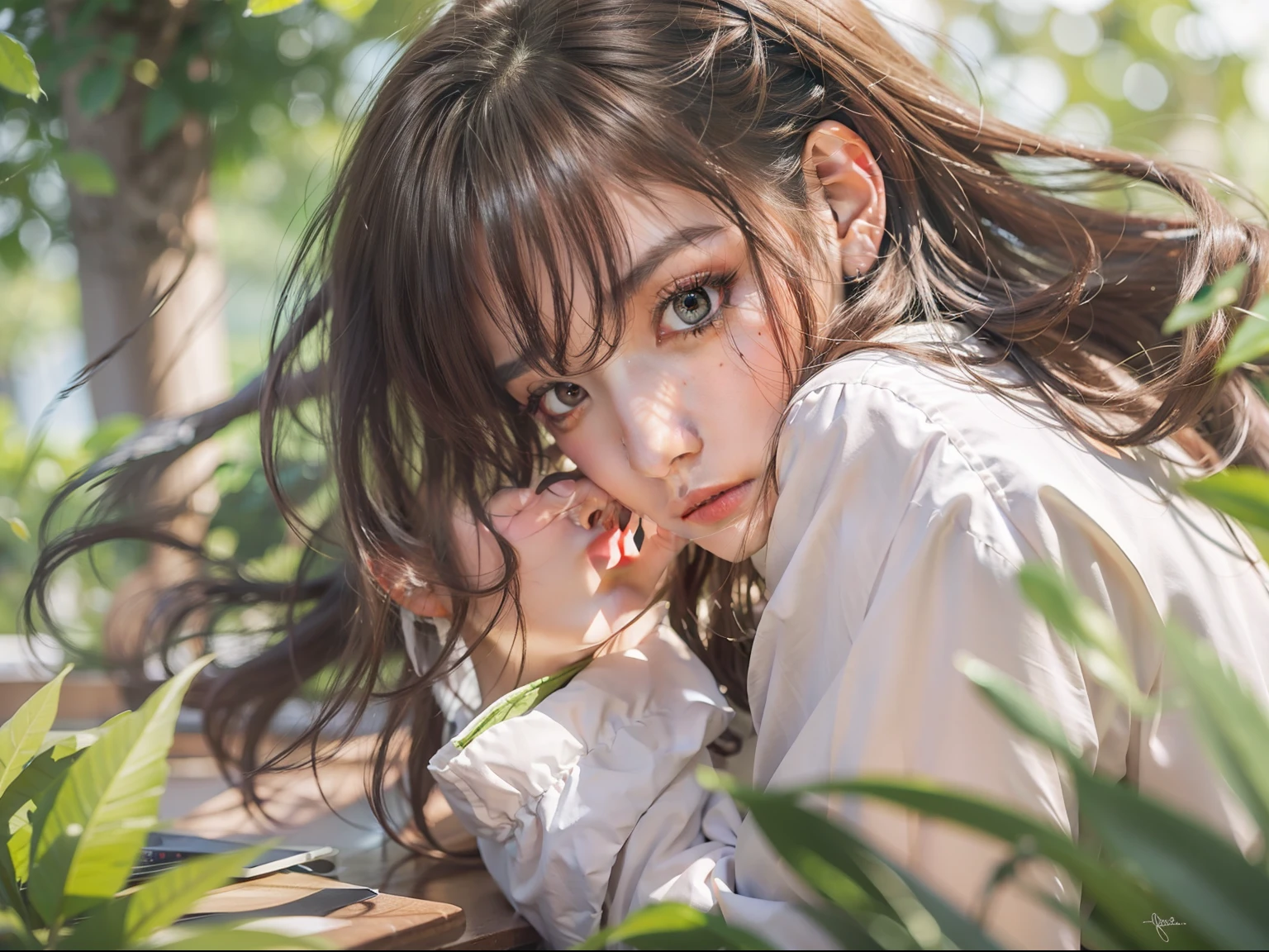 tmasterpiece,best qualtiy,ultra - detailed,illustratio,Colorful,Falt color,depth of fields,lens flare glow,1girl,Hong Kong beauty,Royal sister style,Sexy style,sitted,brunette color hair,looking at viewert,schools,Classroom,modern day,serafuku,Detailed skin texture,Fine cloth texture,Nice and delicate face,