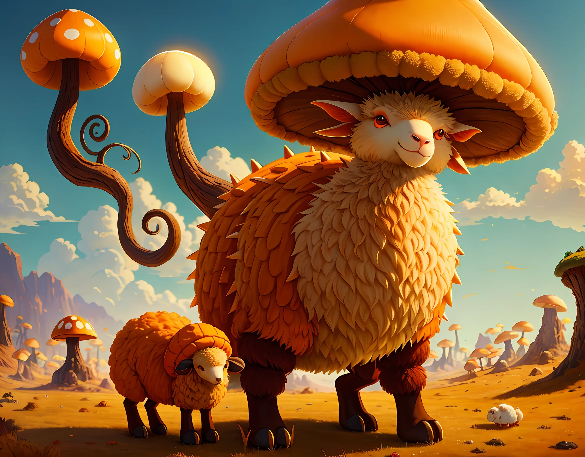 Bipedal creature resembling a sheep, a giant curvy flat spiked orange mushroom hat, light-brown bark-like fur, orange wool, tusks, masterpiece, best quality