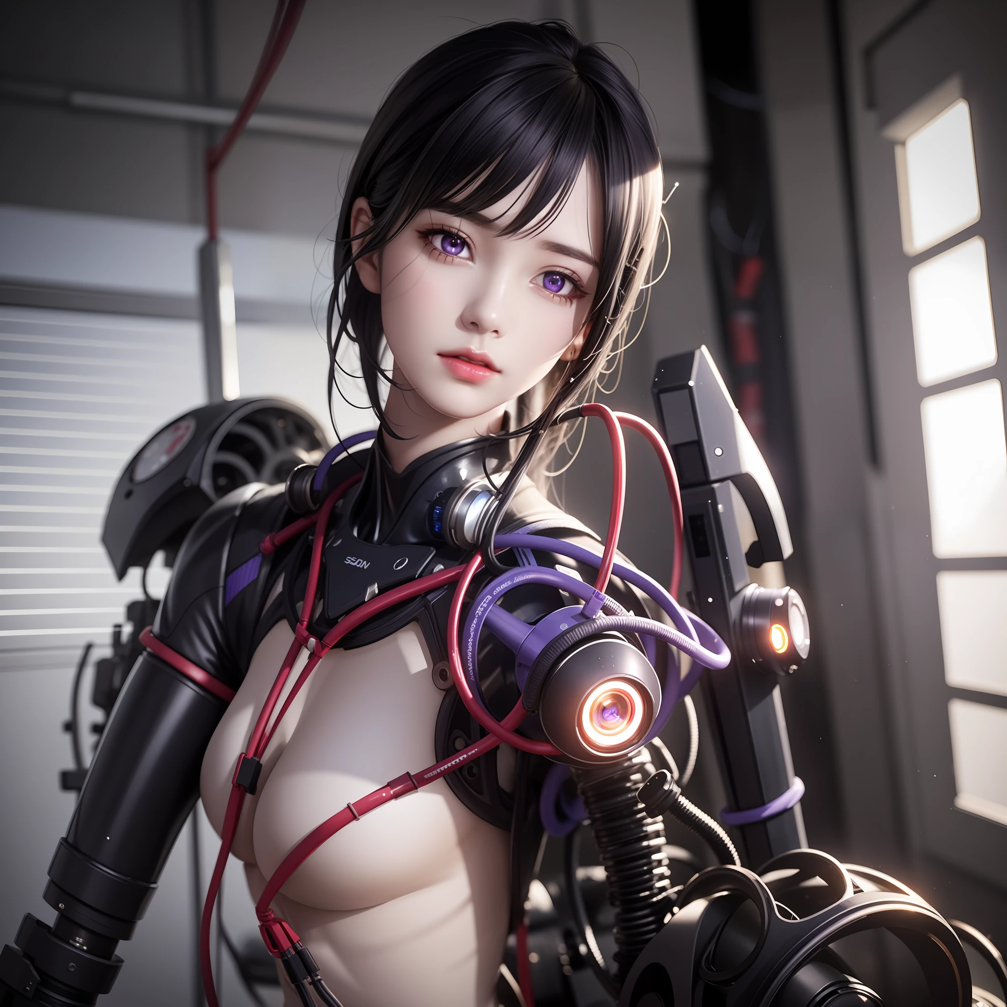 Top Quality, Masterpiece, Ultra High Resolution, (Photorealistic: 1.4), Raw Photo, 1 Girl, Black Hair, Glossy Skin, 1 Mechanical Girl, (Ultra Realistic Details)), Portrait, Global Illumination, Shadows, Octane Rendering, 8K, Ultra Sharp, Big,  Exposed Raw Skin, Metal, Intricate Ornament Details, Egyptian Details, Very intricate details, realistic light, CGSoation trend, purple eyes, glowing eyes, facing the camera, neon details, mechanical limbs, blood vessels connected to the tube, mechanical vertebrae attached to the back, mechanical cervical attachment to the neck, sitting, wires and cables connecting to the head, evangelion, small LED lamp,