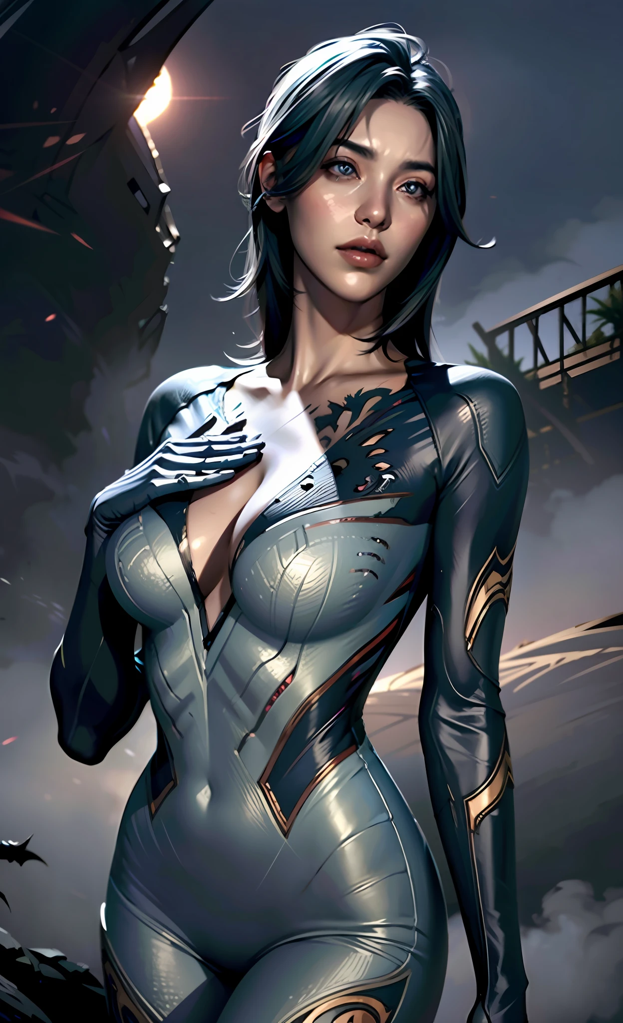 ((A tall girl holds her hands in front of her, Prays)), peeking out from under his forehead, (Slim_thights:1.3), ((Average Breasts)), Slender_thights, aqua hair, 1girl, 独奏, (shapely body:1.4), generous cleavage, skinny body, (halo around the head), detailed anatomy, the perfect body, Detailed body, detailized face, Beautiful anatomical eyes. ((Anthony)), (ruined city in the background), Very detailed, (Gloomy color scheme:1.5), Intricately detailed art, Artstation's Detailed Triadic Color Trend in Unreal Engine 5, 8K resolution, deviantart masterpiece.